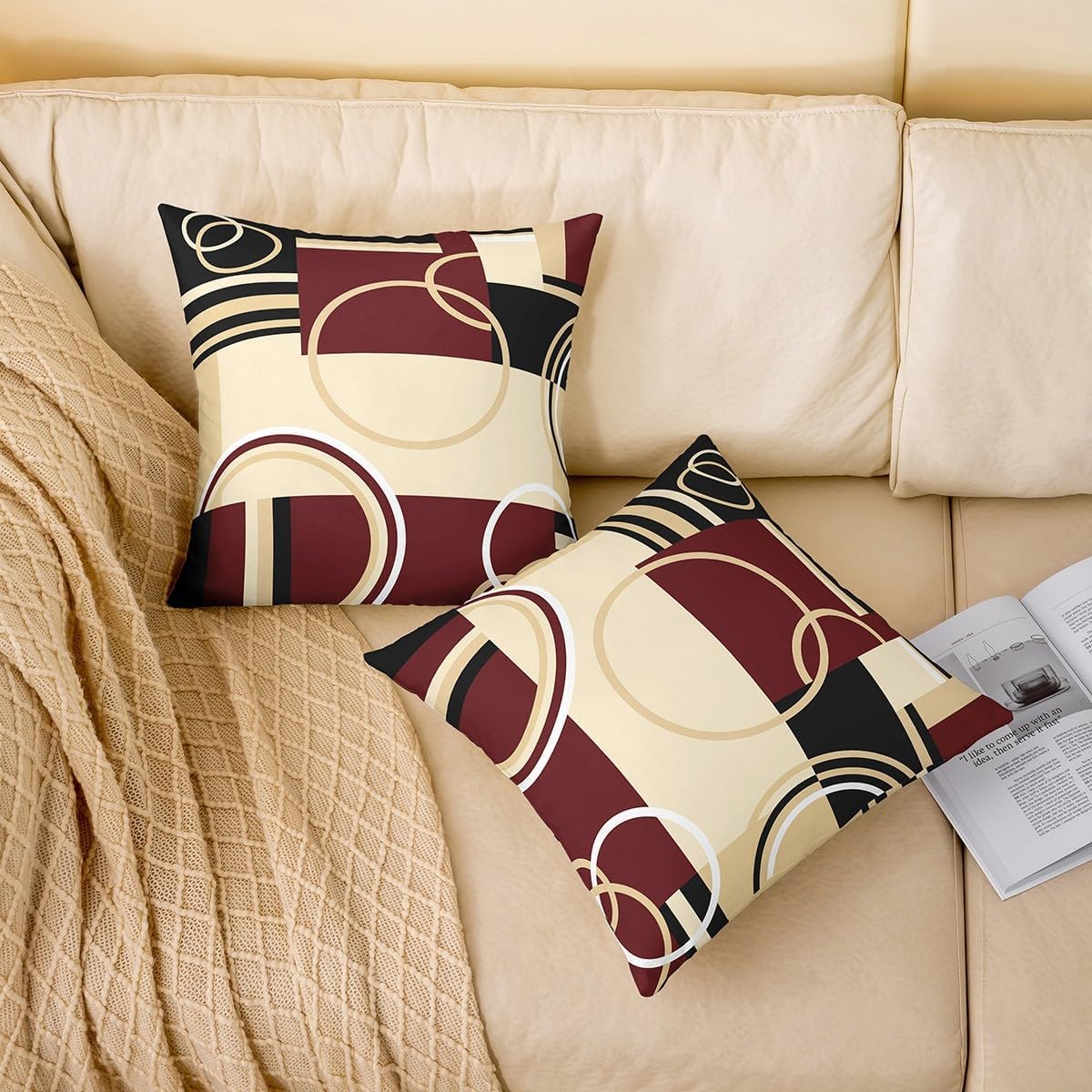 Modern Geometric Pillow Covers Red Brown Black Stripes Cushion Cases Retro Circle Swirls Throw Pillow Covers 18x18 Set of 4 Abstract Texture Color Decorative Accent Pillow Cases For Outdoors Car