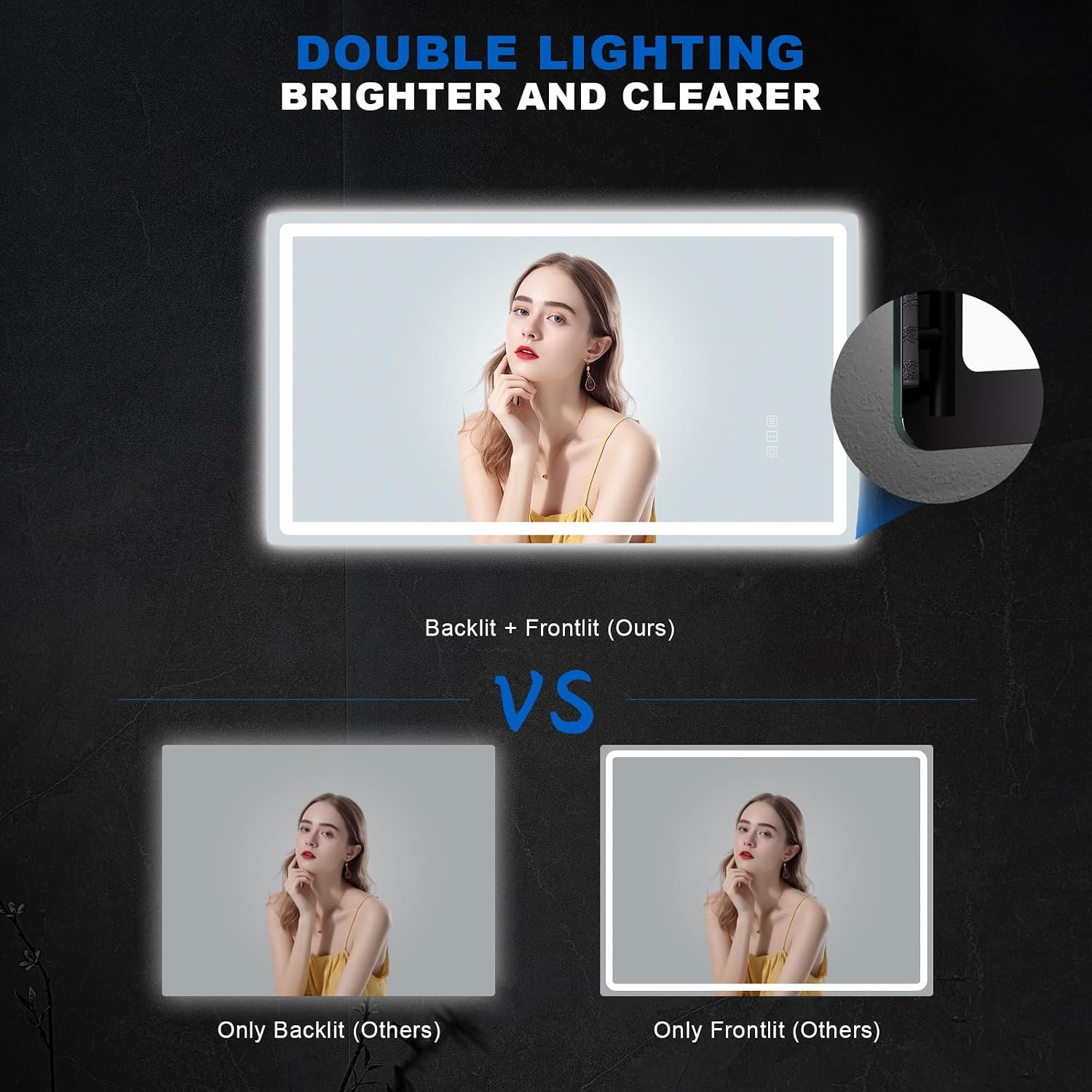 QAOYEDE 36x20 Inch LED Bathroom Mirror, Bathroom Vanity Mirror with Lights, Smart Wall Mirror, Vanity Mirror with Lights,Front Lighted+Backlit,Horizontal & Vertical