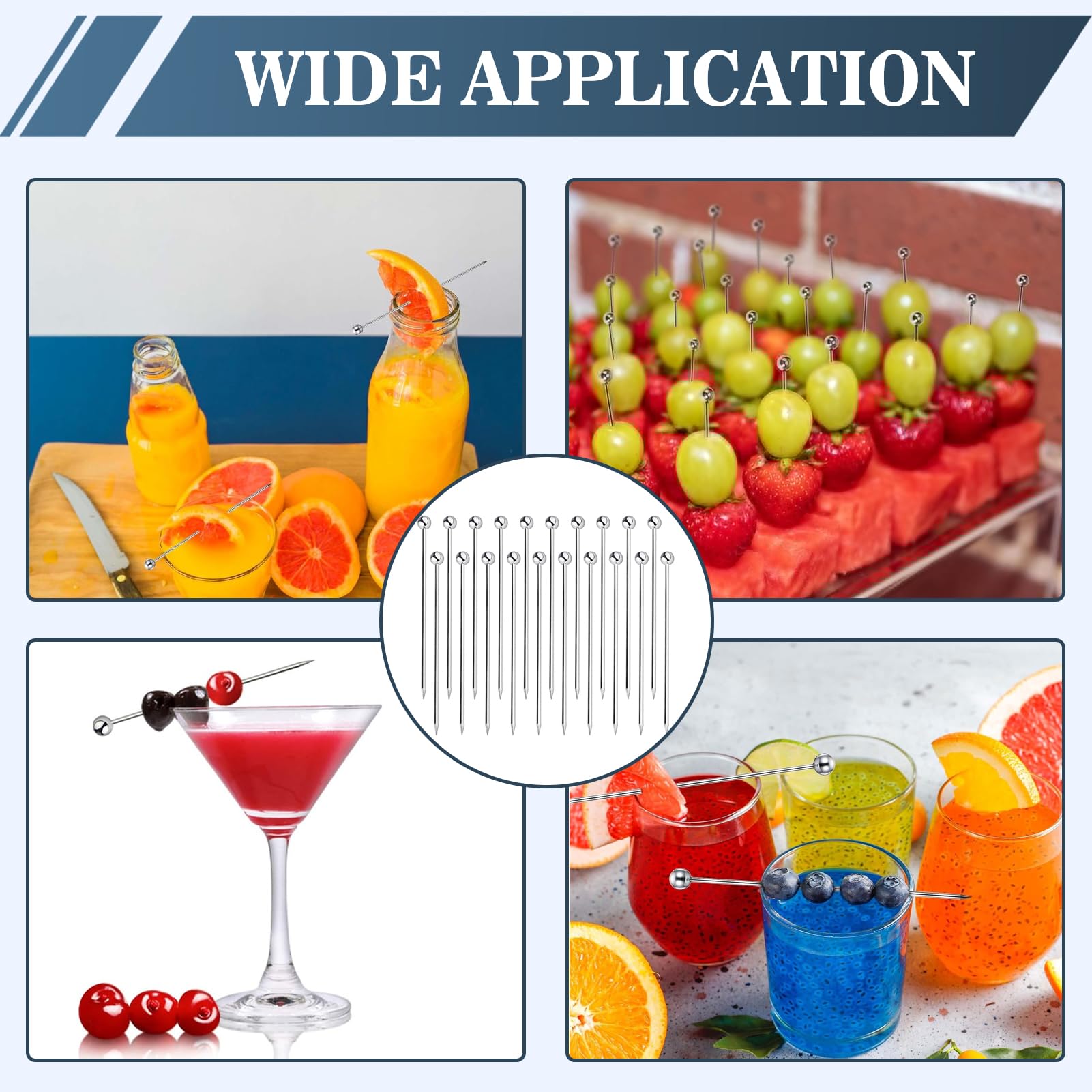 Lot de 20 Piques à Cocktail en Acier Inoxydable Argenté, Brochettes Réutilisables 11cm avec Tête à Boule pour Apéritif, Olives, Fruits et Martini, Accessoire Essentiel pour Bar et Fête