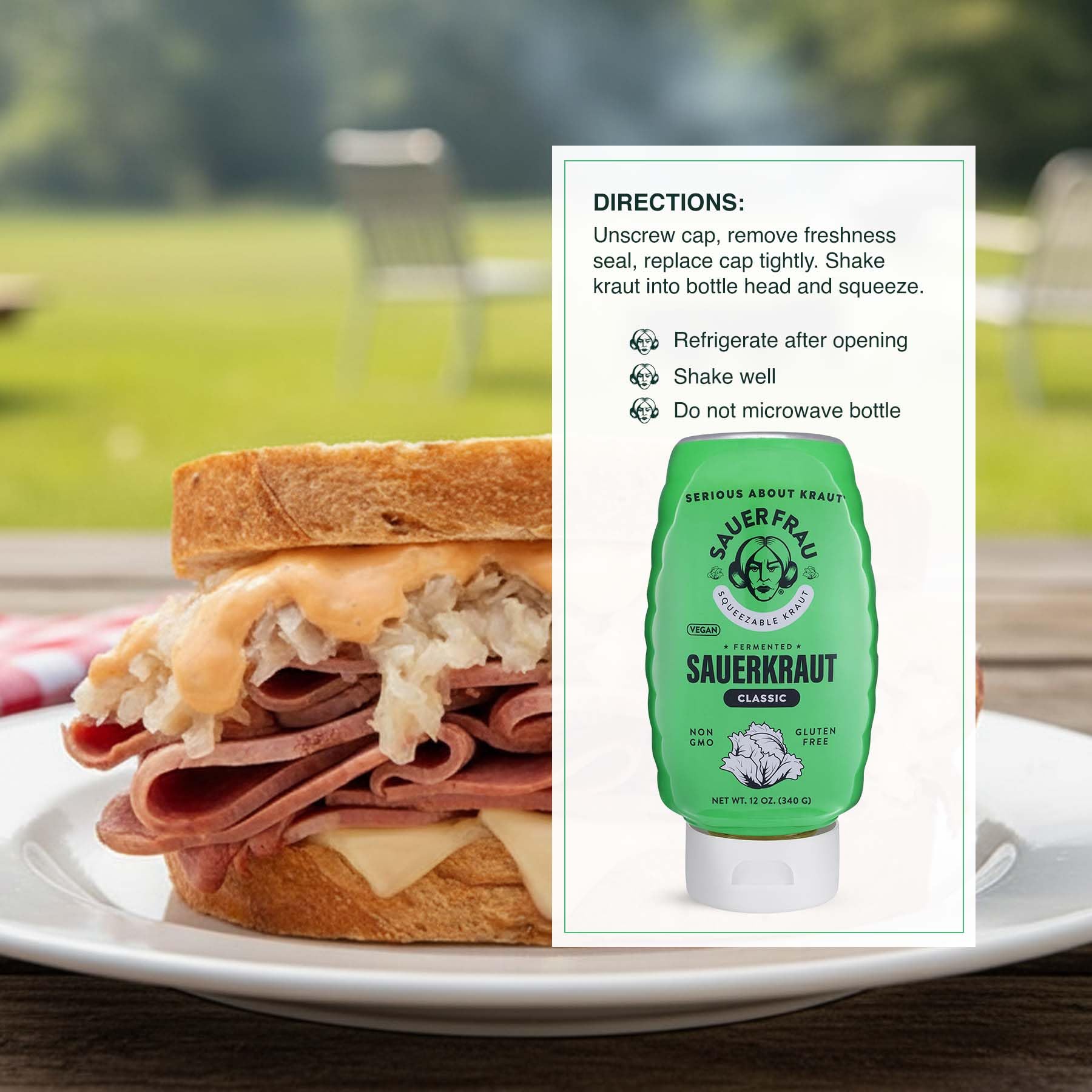 Sauer Frau - Squeezable Sauerkraut - Classic Flavor, Tangy Crisp, Fermented Cabbage, Bold Taste, Easy Squeeze Bottle - 12oz