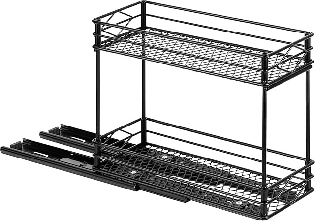 RNCOZE Pull Out Spice Rack Organizer for Cabinet Slide Out Spice Rack, 2 Tier Vertical Seasoning Bottle Holder, Narrow Spice Rack for Kitchen, Black, 10.4 x 4.4 x 8.86 in