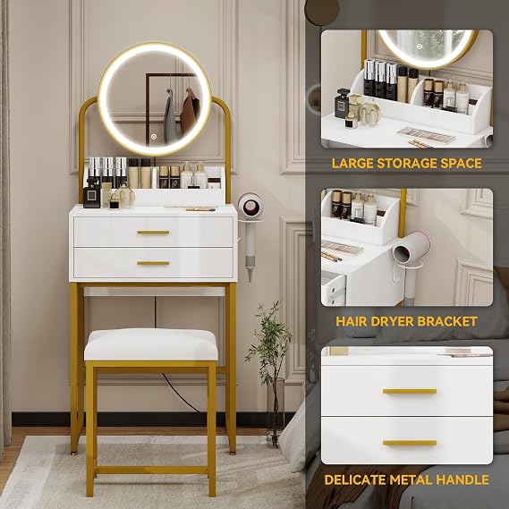 ARTETHYS Small Makeup Vanity with Mirror & Drawers Mini Vanity for Bedroom | 3 Color Dimming Mirror, Compact Makeup Set with Table Storage, White Modern Dressing Table with Chair, 2 Drawers