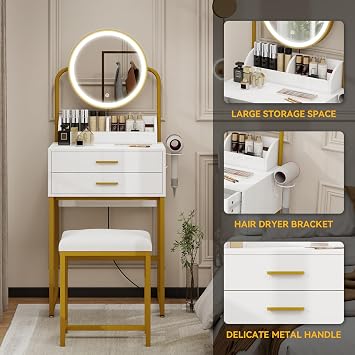ARTETHYS Small Makeup Vanity with Mirror & Drawers Mini Vanity for Bedroom | 3 Color Dimming Mirror, Compact Makeup Set with Table Storage, White Modern Dressing Table with Chair, 2 Drawers
