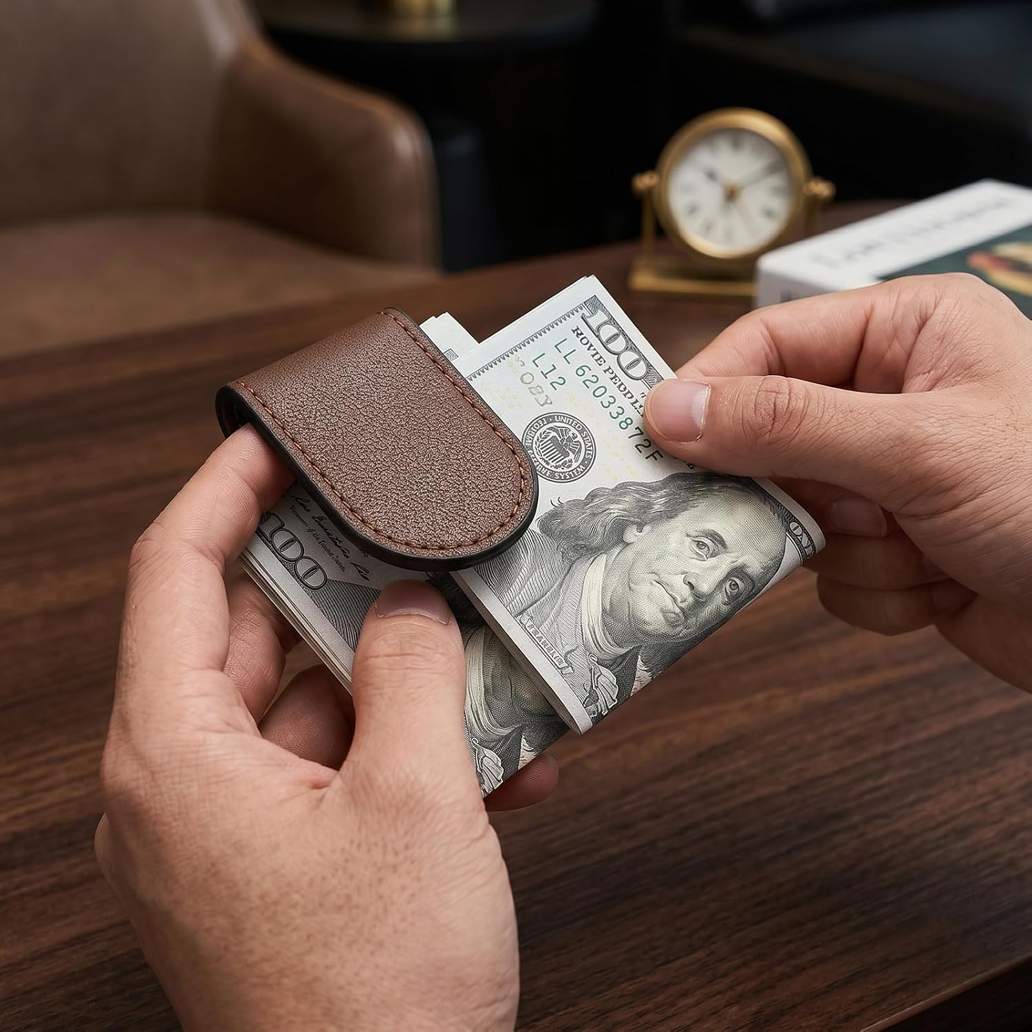 Slim Magnetic Money Clip, Leather Business Card Holder Money Clip image 5