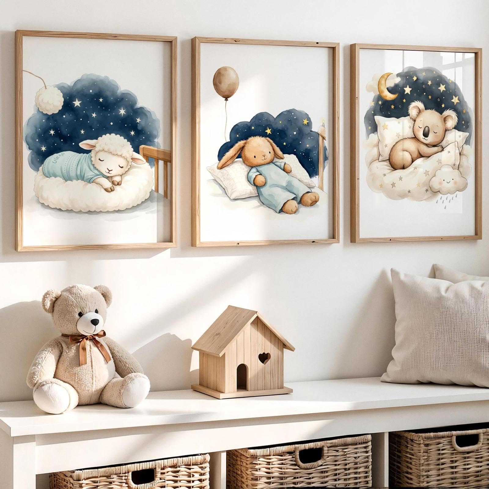 Baibexing Cartoon Watercolor Sloth Rabbit Sleeping Wall Art Print Canvas Painting Poster Picture For Kids Room,Boy'S Room Home Decor 40X60Cmx3Pcs Unframed