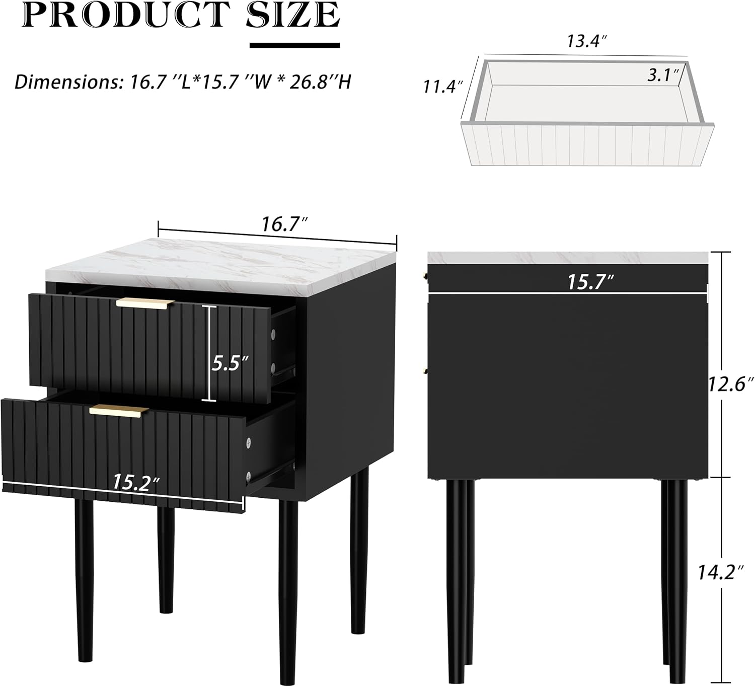 Anbuy Dresser and Nightstand Sets - 3 Pieces Bedroom Set with 6 Drawer Dresser and 2 Drawer Night Stands, Modern Dresser & Chests of Drawers Bedside Table with Gold Handle & Faux Marble Top