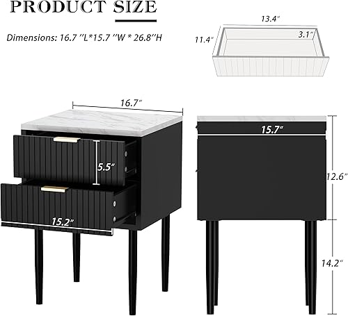 Miniatura 3 de Anbuy Juego de 2 mesitas de noche de mármol negro con mango dorado, mesita de noche a rayas con cajones, mesa auxiliar con parte superior de mármol