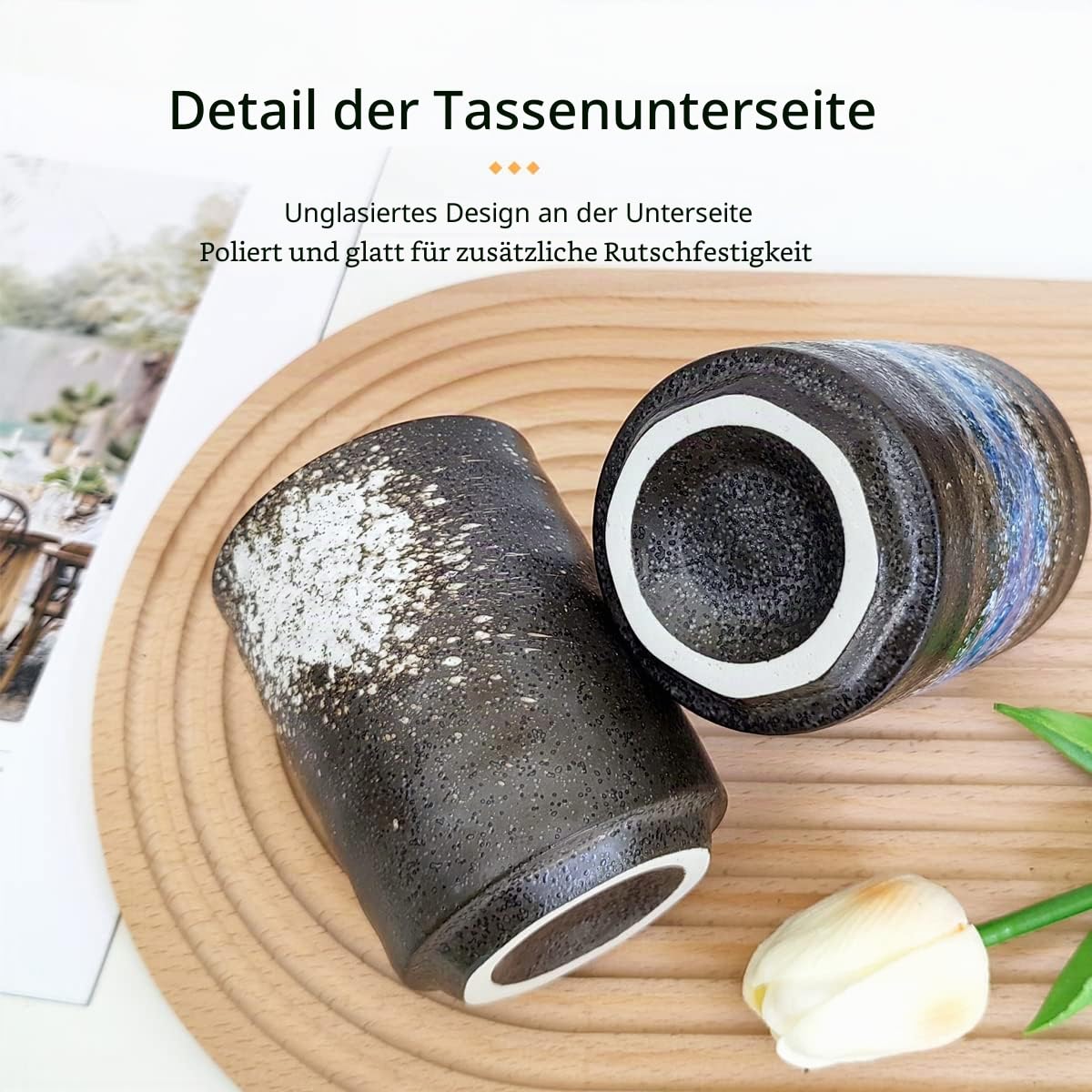 Japanisch Keramik Teetasse Ohne Henkel 2er Set, Schwarz 275ML | Vintage Chinesische Keramik Teebecher für Kaffee, Tee, Zuhause & Büro