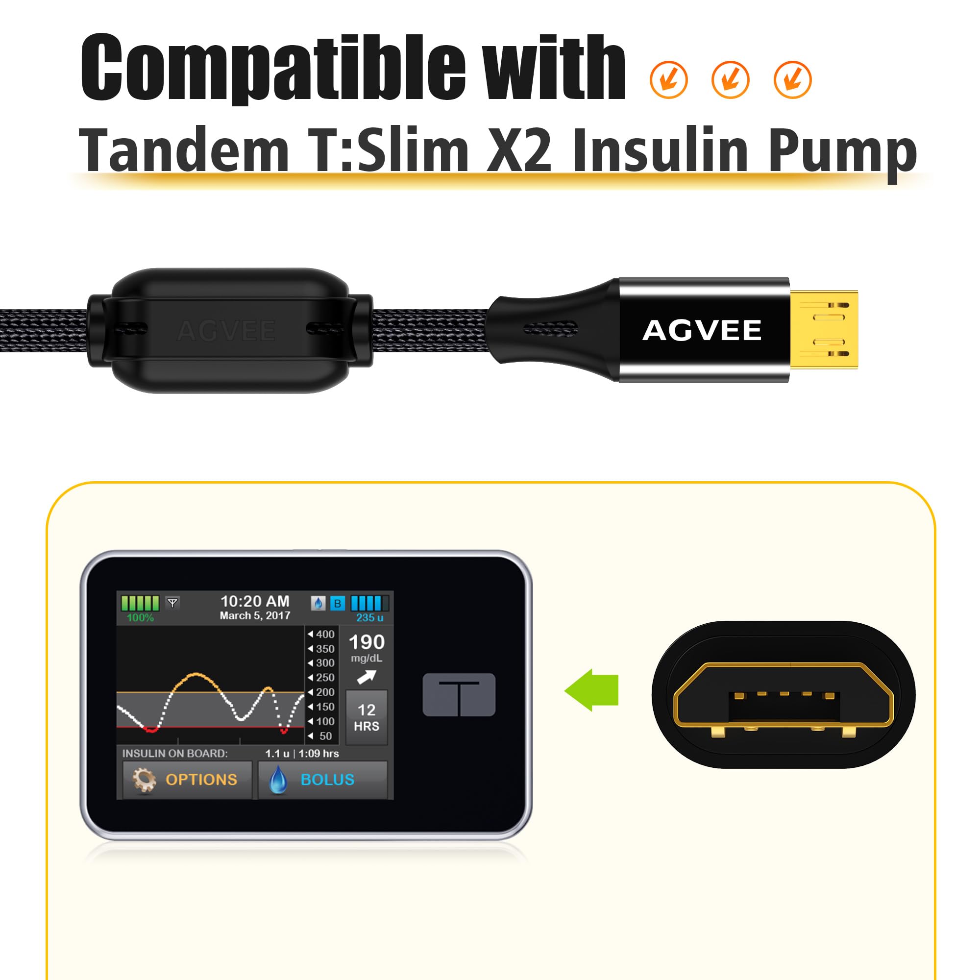 AGVEE Cavo dati di ricarica USB da 1,5 m con anello magnetico compatibile con pompa per insulina Tandem t:Slim X2, ricambio per cavo di ricarica per la cura del diabete tandem, accessori per pompe