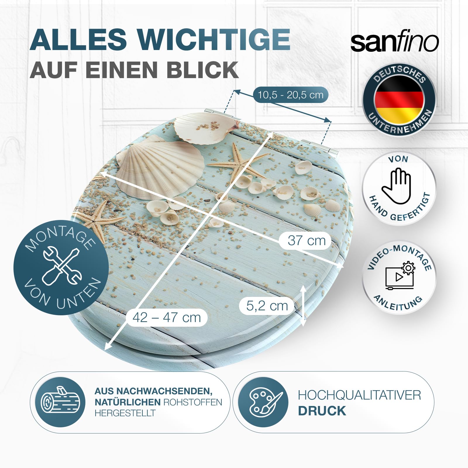 Premium WC Sitz mit Absenkautomatik – hochwertige Toilettendeckel aus Holz, viele bunte Motive, hoher Sitzkomfort, einfache Montage inklusive Montageanleitung – "Caribbean Blue"
