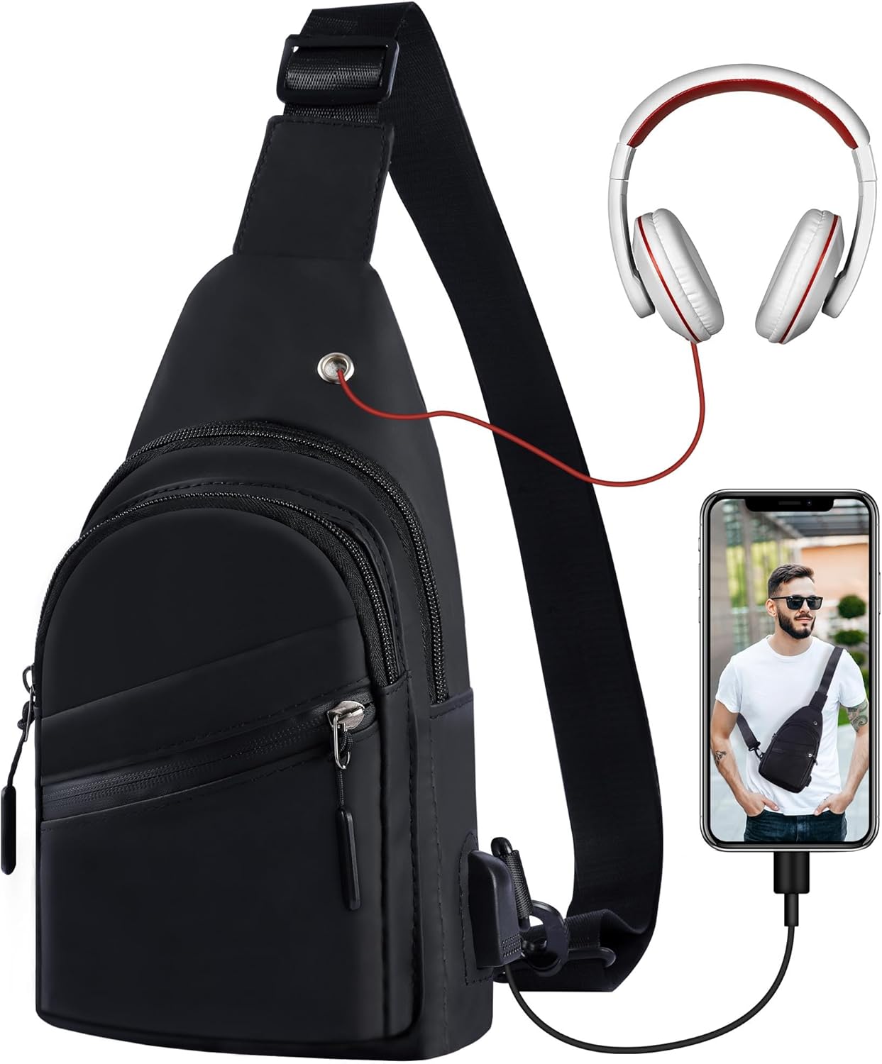 Small Crossbody Bag for Women Men, Sling Bag with USB Charging Port and Headphone Hole, Shoulder Bag, Fanny Pack