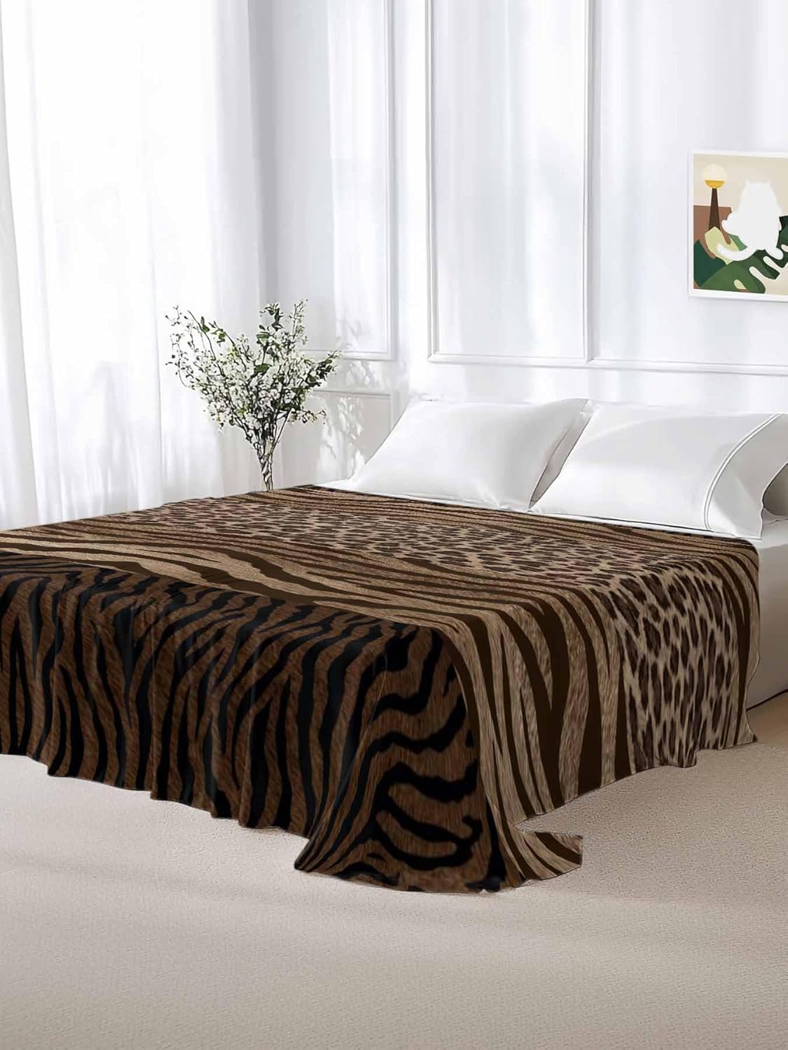 Full Flat Sheet, Leopard Zebra Print Full Bed Sheets Only, Soft Microfiber Flat Sheet, Vintage Animal Skin Striped Brown Hotel Quality Bedding Top Sheet Bedroom Home Dorm Decor