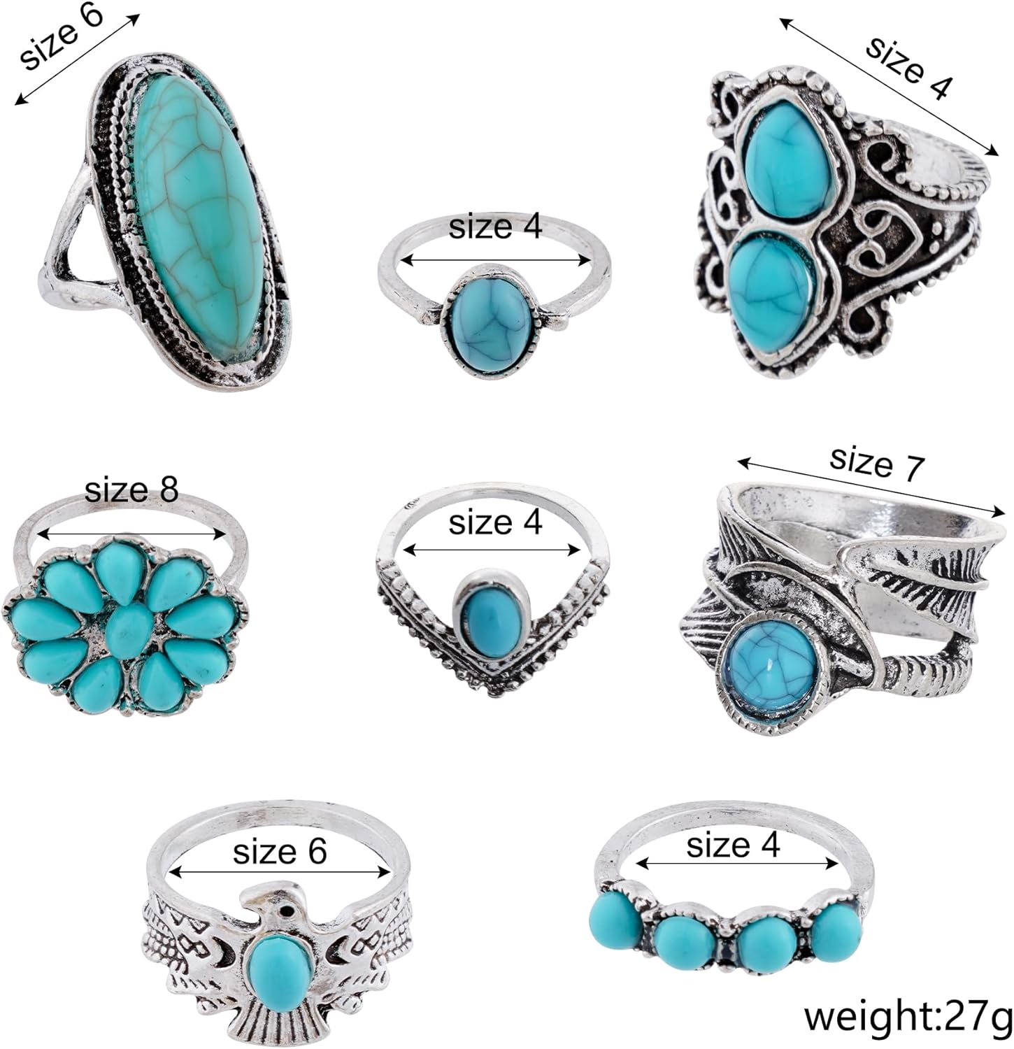 Turquoise Necklace Set - 12pcs Including 4pcs Layered Necklaces & 8pcs Stacking Rings (Silver) - Image 5