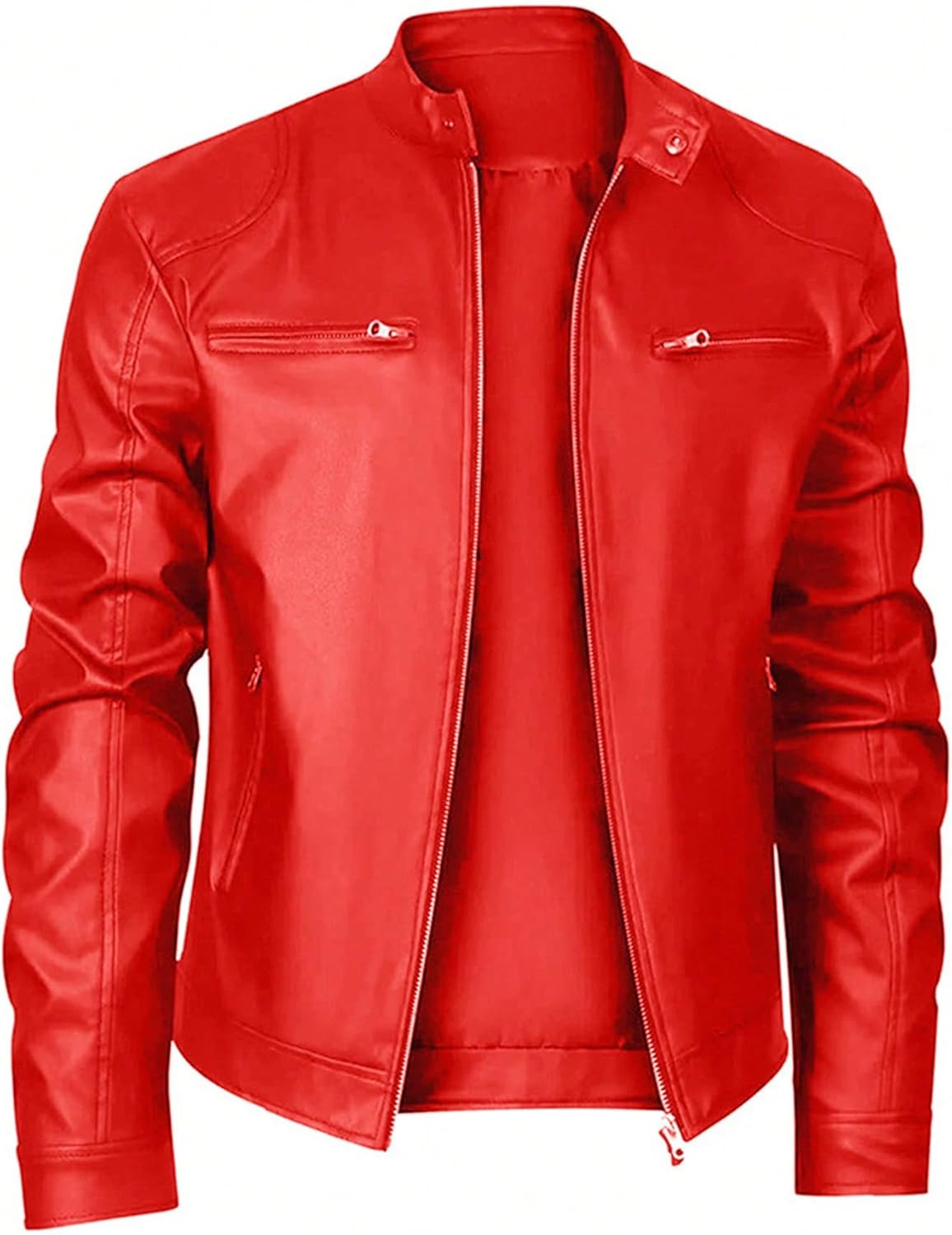 Men's Multi Pocket Pu Leather Jacket Stand Collar Zipper Cardigan Motorcycle Bomberjackets Zip Up Biker Outwear