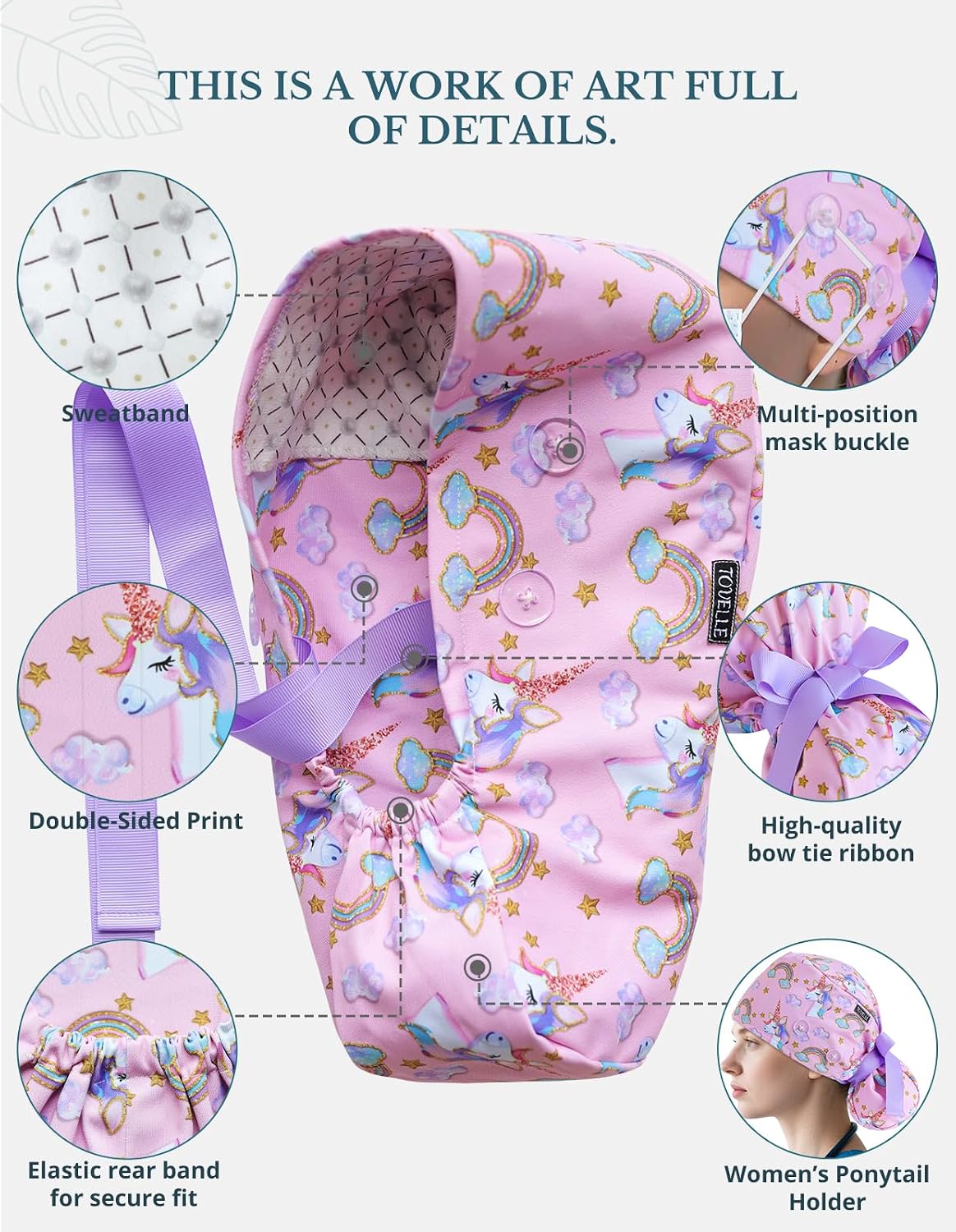 Ponytail Scrub Cap for Women – Pink Unicorn Rainbow Surgical Cap with Buttons, Sweatband & Double-Sided Print, Adjustable Surgical Hat for Women to Secure Long Hair and Helps Reduce Static Buildup