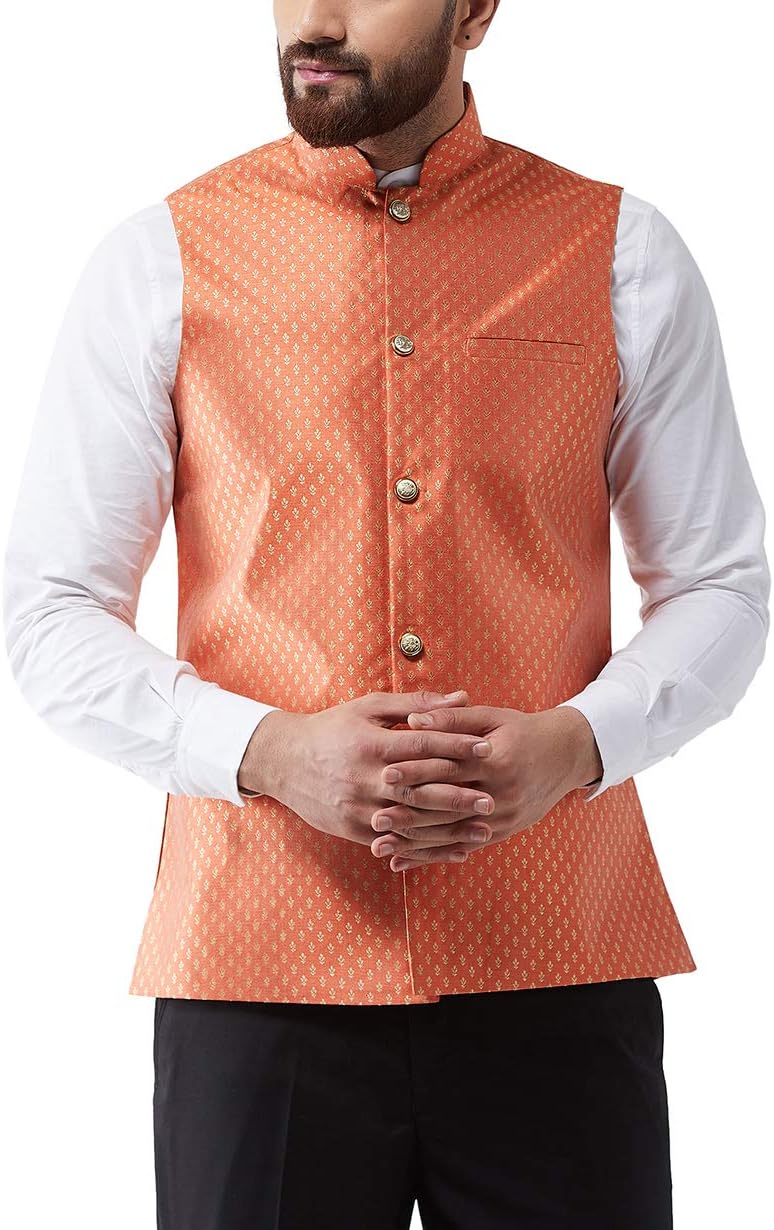 Sojanya (Since 1958, Men's Silk Blend Magenta & Gold Self Design Nehru Jacket