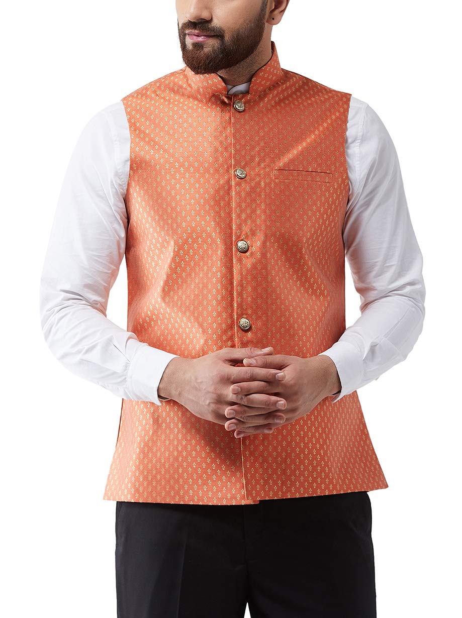 Sojanya (Since 1958, Men's Silk Blend Magenta &amp; Gold Self Design Nehru Jacket