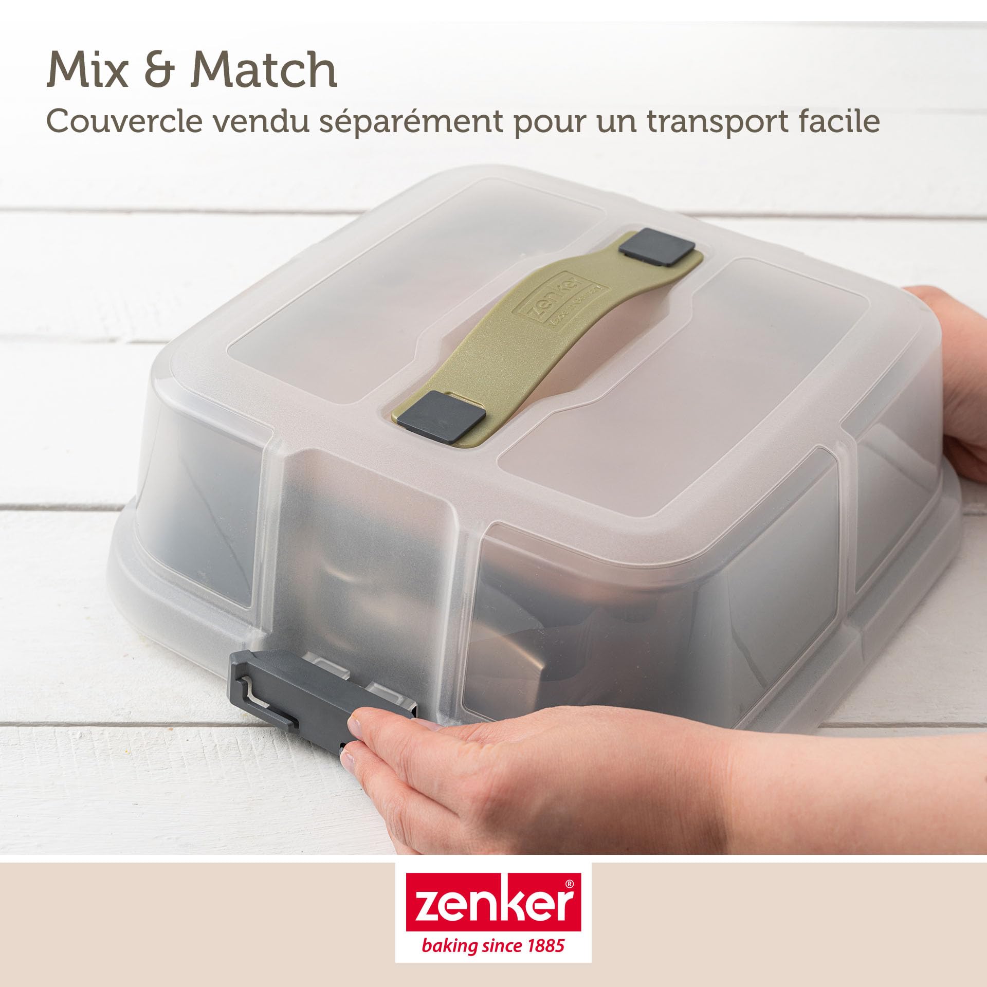 Zenker Bake, Click & Go Moule à charnière carré – 24 x 24 x 8 cm – Moule à gâteau avec couvercle vendu séparément pour un transport direct – Moule à gâteau pour la cuisson et le transport