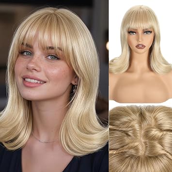 LEOSA Short Bob Wigs with Bangs Dirty Blonde 4x4 Realistic Scalp Shoulder Length Wavy Layered Flipped Ends Curly Wavy Natural Looking Medium Synthetic Hair Wig for Women