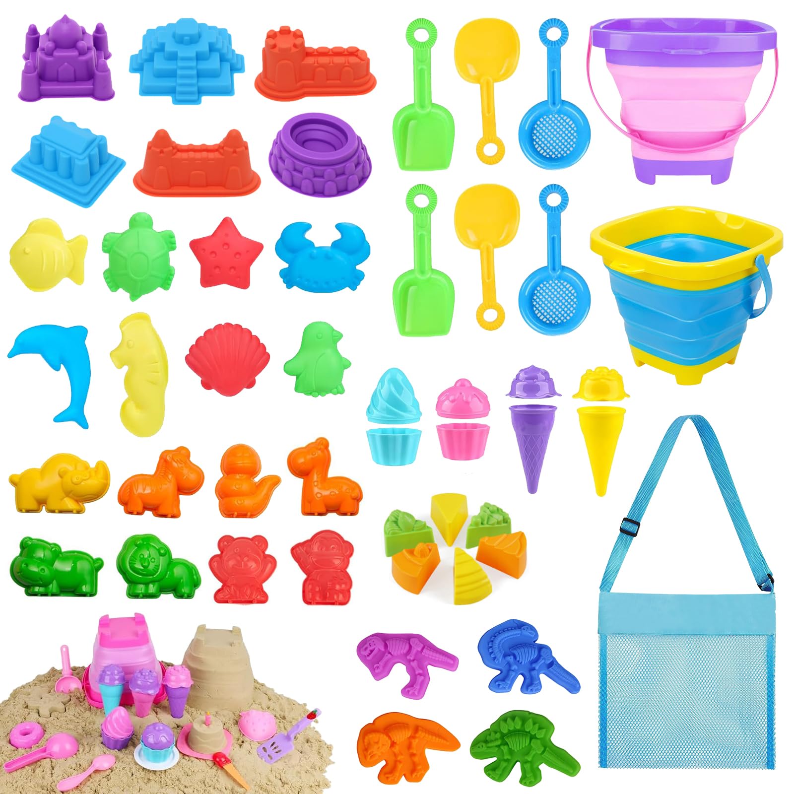 49 Pcs Juguetes para Arena, Juguetes de Playa para Niños, Juego de Juguetes Arenero con Cubo Playa Plegable Moldes para Arena Pala para Arena Bolsa de Malla