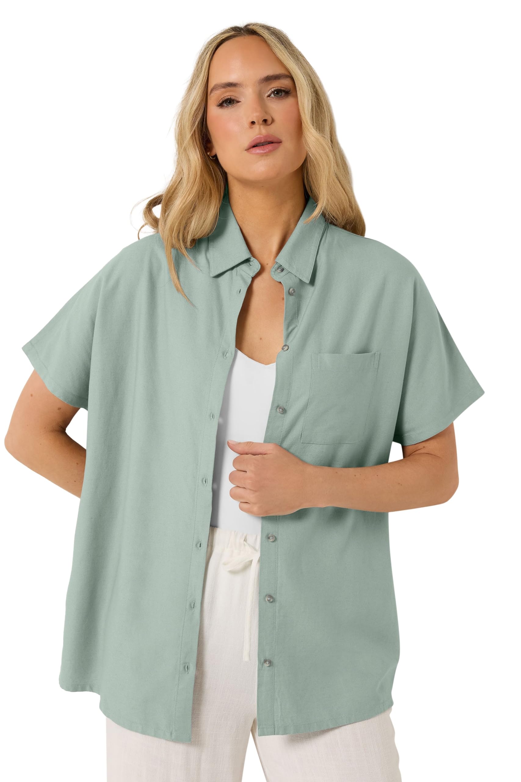 Lts Women's Blue Tall Pale Short Sleeve Linen Shirt Size 16