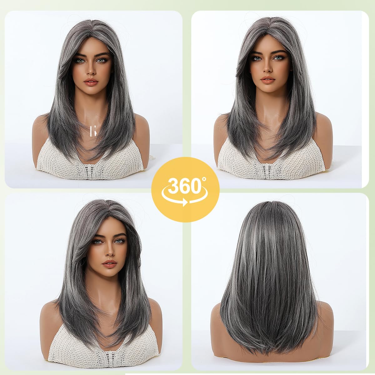 Medium Length Black Mixed Gray Human Hair Wig Layered Straight with Bangs Glueless Wear and Go Natural Looking for Women Daily Party (Black Mixed Gray,16inch)