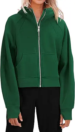 Fisoew Womens Zip Up Sweatshirts Fleece Lined Collar Crop Hoodie Casual Cotton Long Sleeve Tops with Thumb Hole