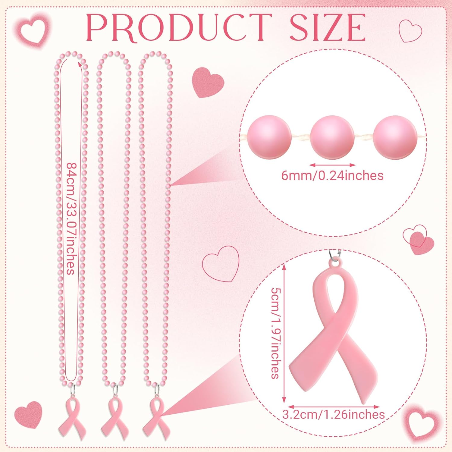 Tigeen 24 Pieces Breast Cancer Awareness Beads Necklaces Bulk Pink Ribbon Breast Cancer Awareness Pendant Necklaces for Women Charity Public Social Event Welfare Party Supplies