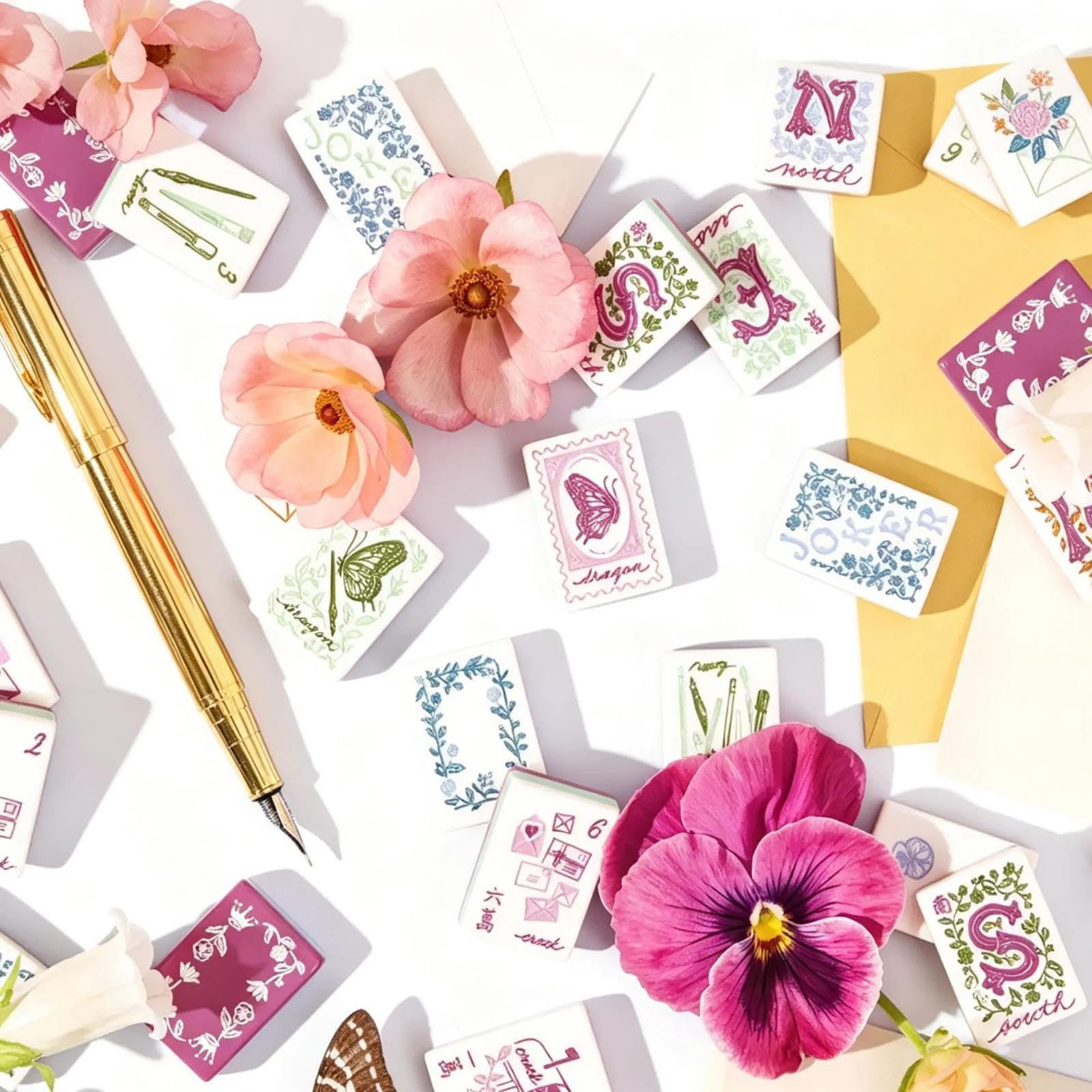 Conjunto de Mahjong Americano Floral Vintage, Azulejos de Arte en Acuarela