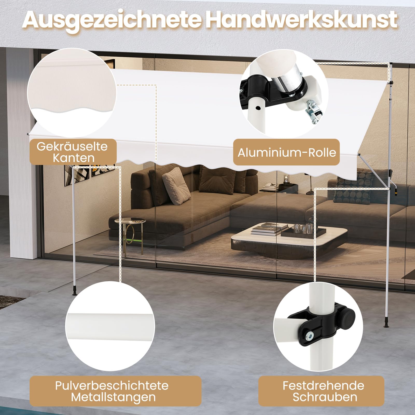 COSTWAY Klemmmarkise, Balkonmarkise ohne Bohren mit Handkurbel, Höhenverstellbar & UV-beständig, Markise Sonnenschutz für Terrasse, Balkon, Garten (400 cm,Weiß)