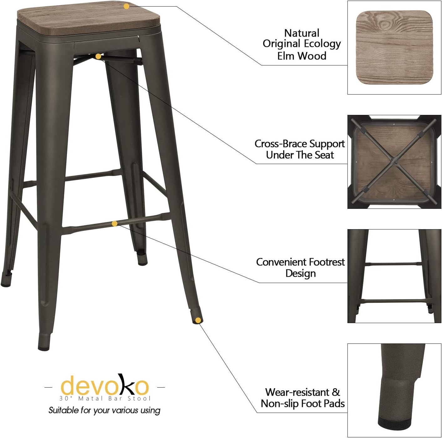 Devoko Metal Bar Stool 30'' Indoor Outdoor Stackable Barstools Modern Industrial Square Wood Top Bar Stools Set of 4 (Gun)