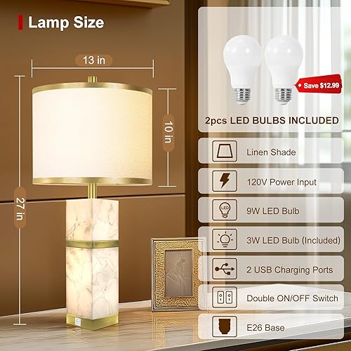 Miniatura 2 de Juego de 2 lámparas de mesa de alabastro natural, lámpara de mesa con luz nocturna para dormitorio, lámparas de mesita de noche con puertos USB,