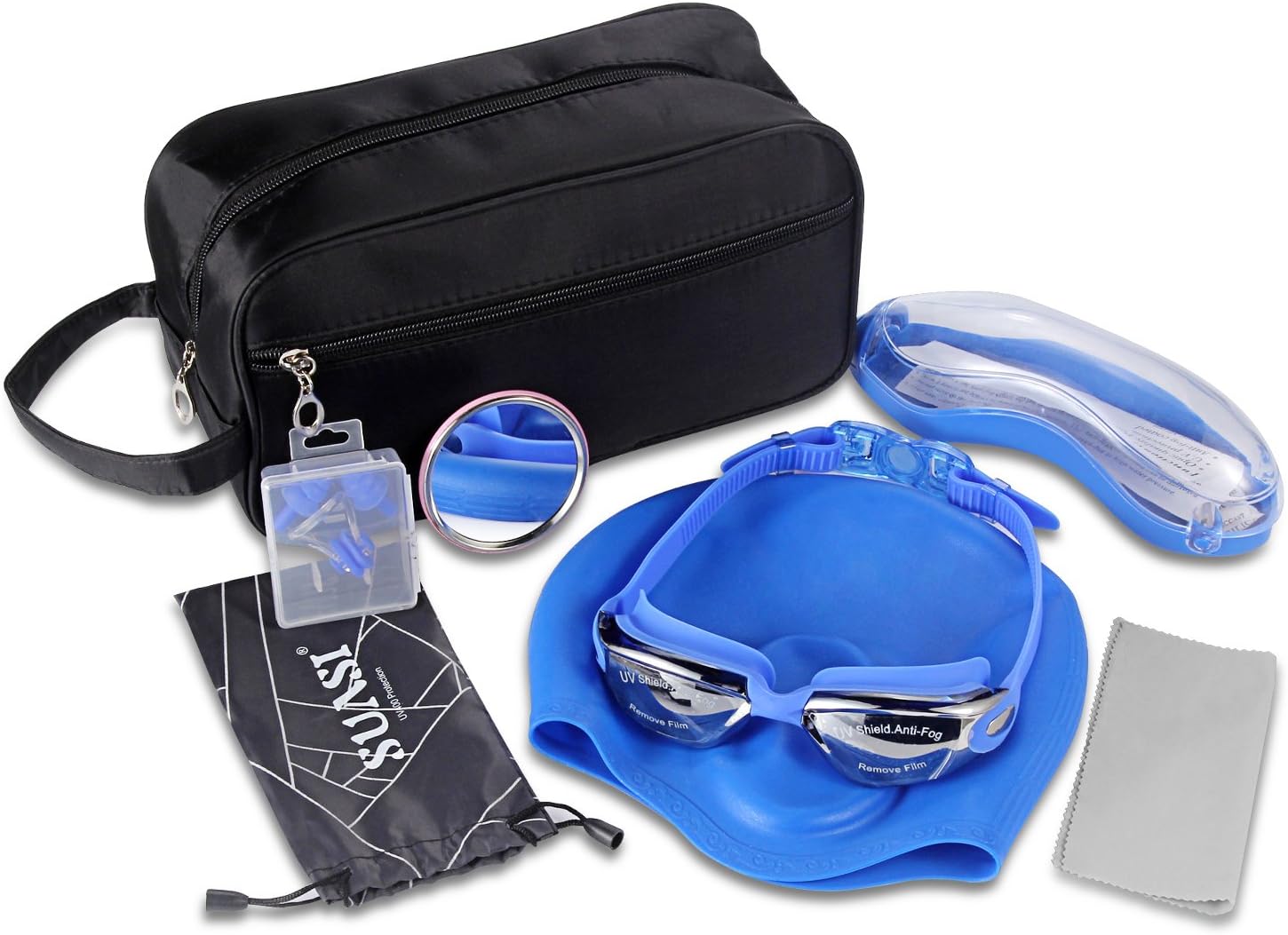 SUASI Swimming Goggles Set- Come with Anti Fog UV Protection Swim Goggles,Super Elastic Swim Caps,Earplugs and Nose Clip,Pouch and Cloth, Portable Mirror with Durable Carrying Bag-Best Gift (BLUE)