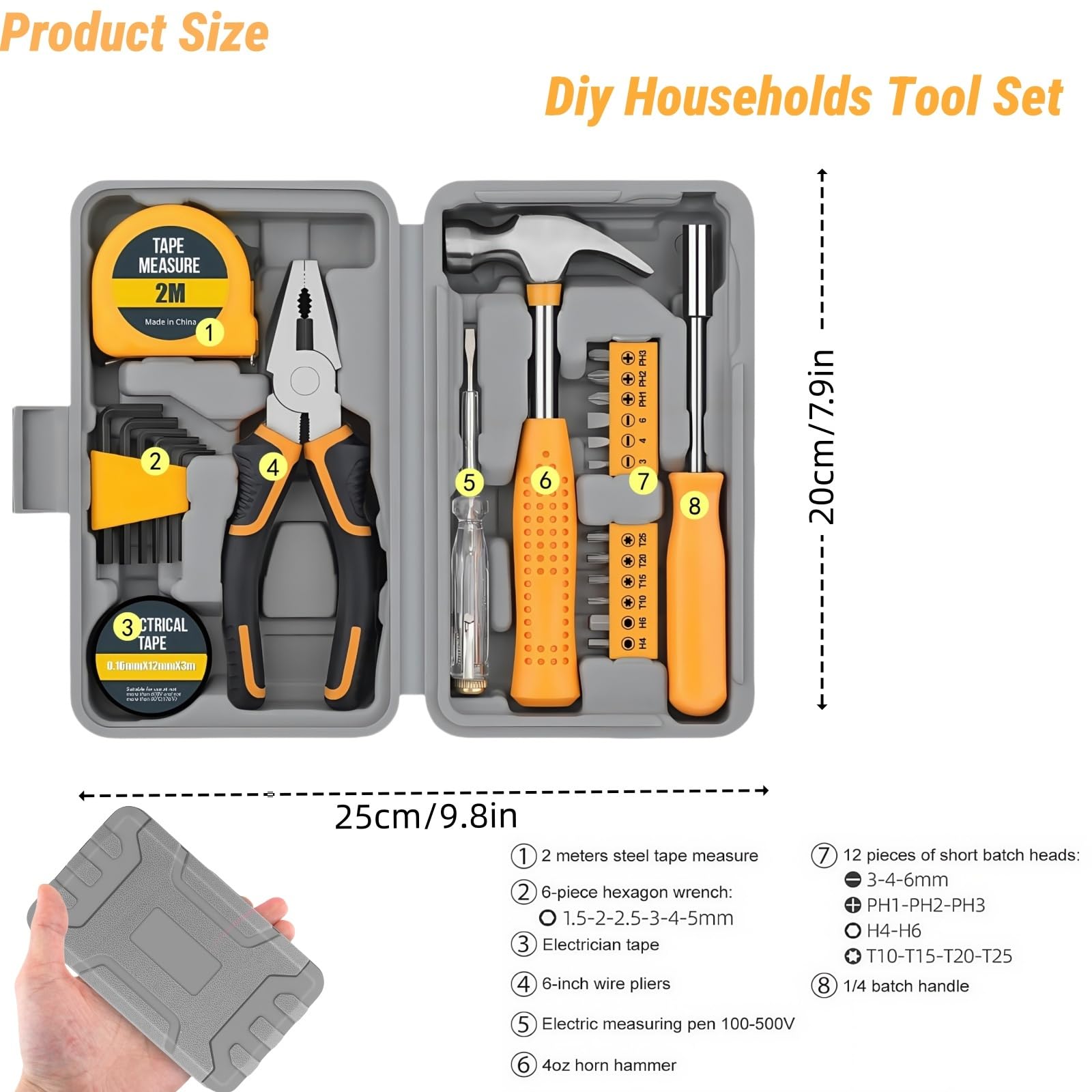 24pc Yellow Home DIY Tool Kit Set, Essential Household Hand Tools in Portable Storage Box for Home Office & Garage Repairs - Image 2