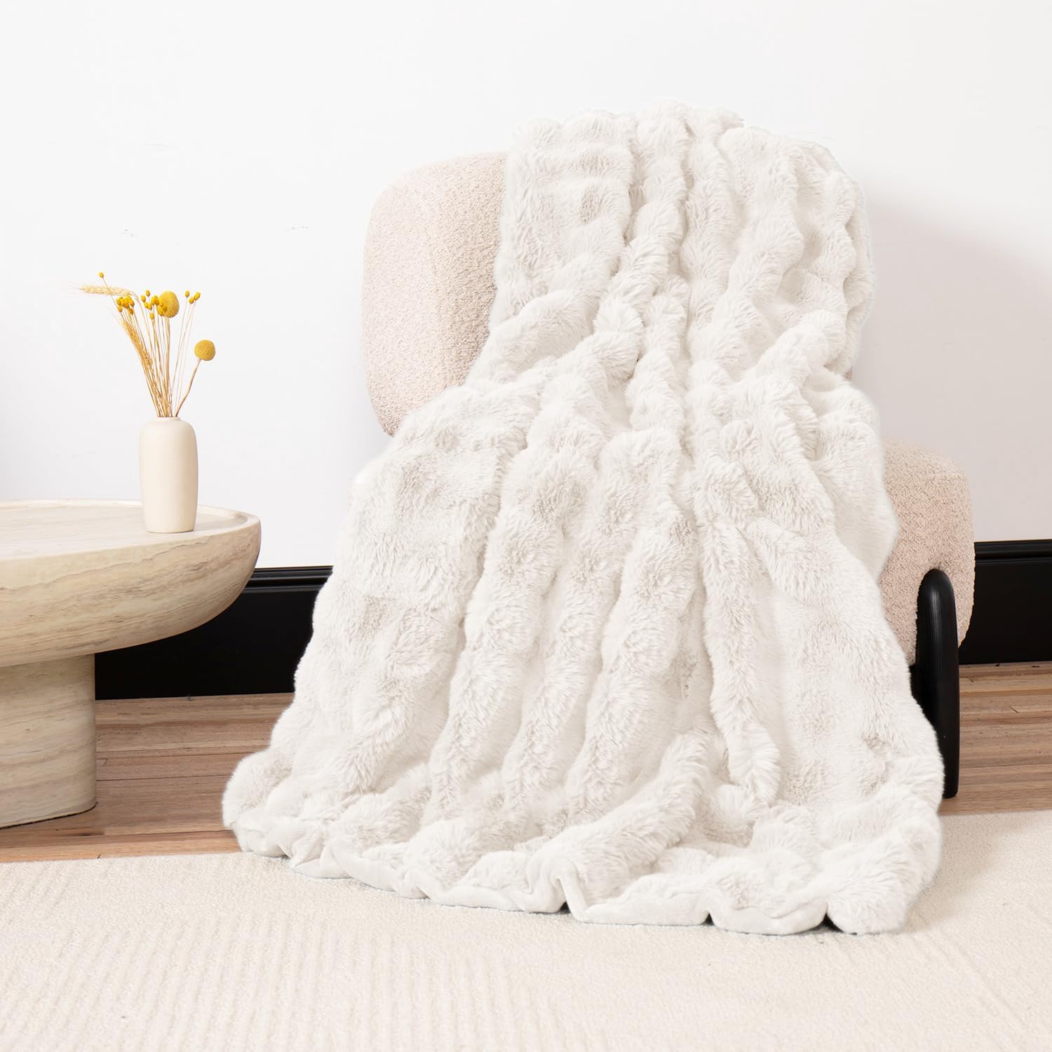 Faux Fur Throw Blanket, Gifts for Women Men, 50x60 Inches Soft Bubble Rabbit Fuzzy Blanket for Bed, Living Room, Plush Cozy & Fluffy Fall Blankets - Cream White