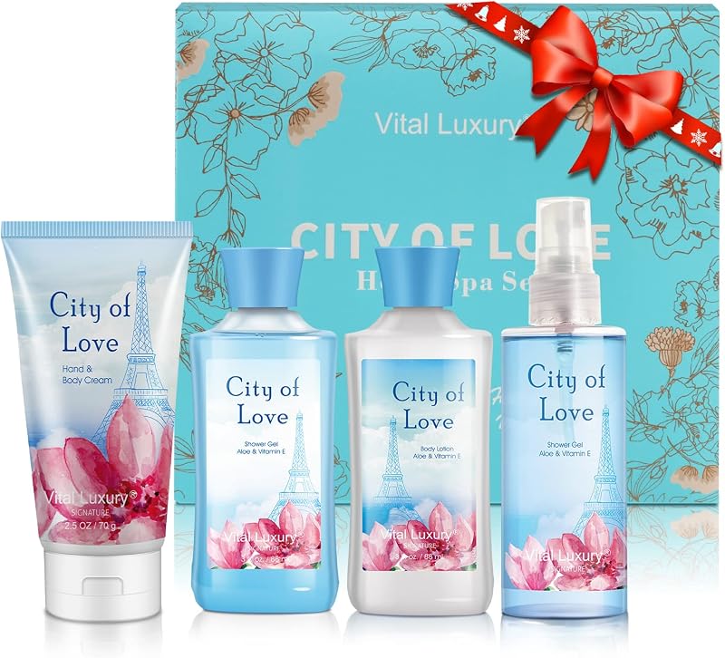 Bath & Body Kit, 3 Fl Oz, Ideal Skincare Gift Home Spa Set, Includes Body Lotion, Shower Gel, Body Cream, and Fragrance Mist, Birthday Mother's Valentine's Day Gifts(City of Love)