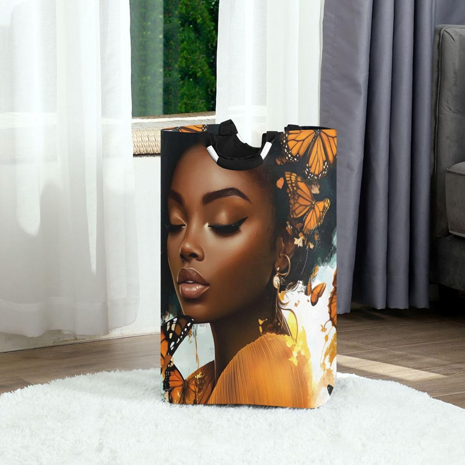 55L Laundry Basket Afro Woman Butterflies, Freestanding Laundry Hamper – Collapsible, Cool Design, Waterproof Fabric, Aluminum Handles for Family Dorm