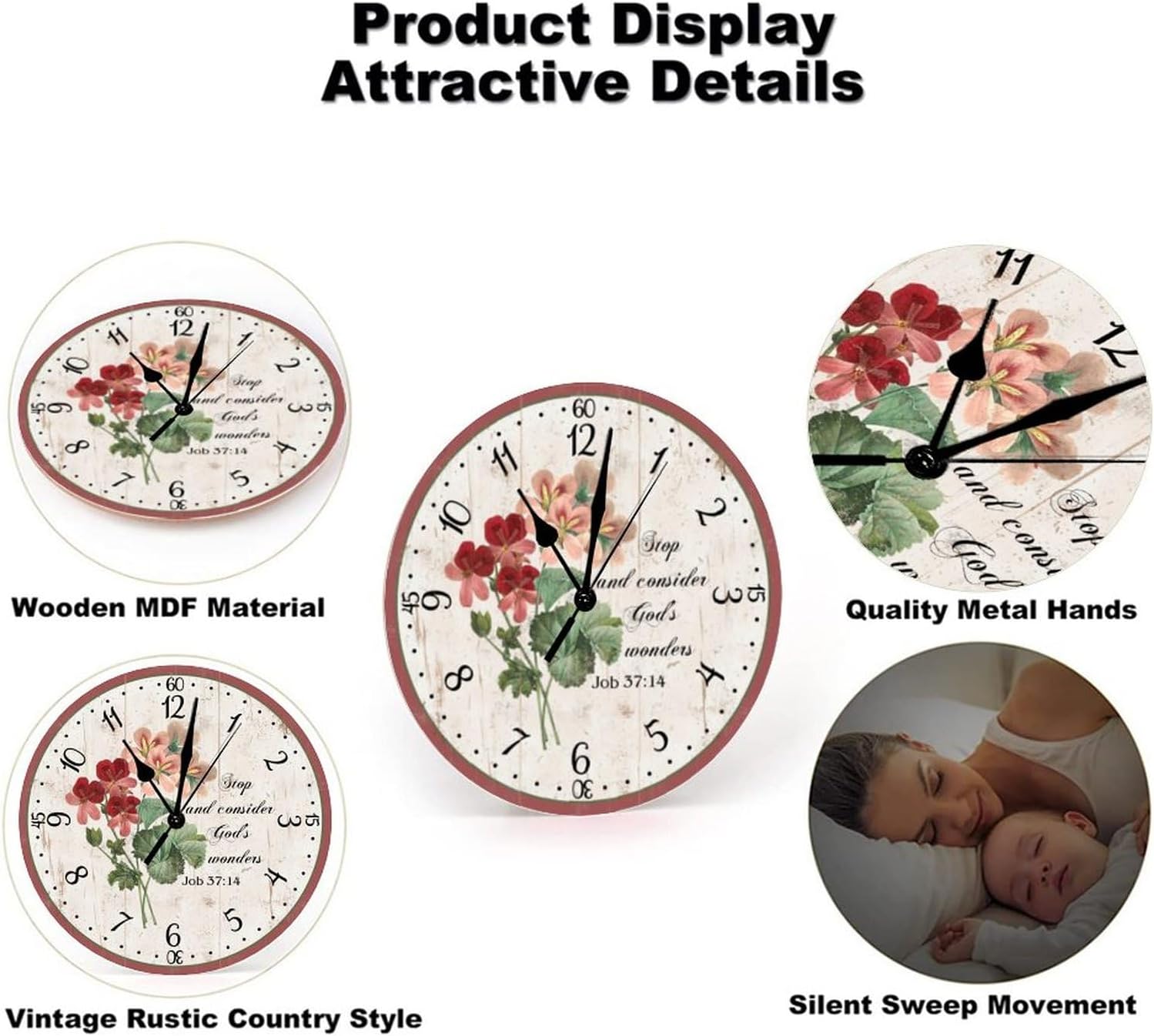 Christian Flower Round Clock Bible Job 37:14 Wooden Wall Clocks for Kitchen Decor Clocks Battery Operated 12 inch Silent Non-Ticking Wooden Wall Clocks Vintage Clocks for Room Easy to Read