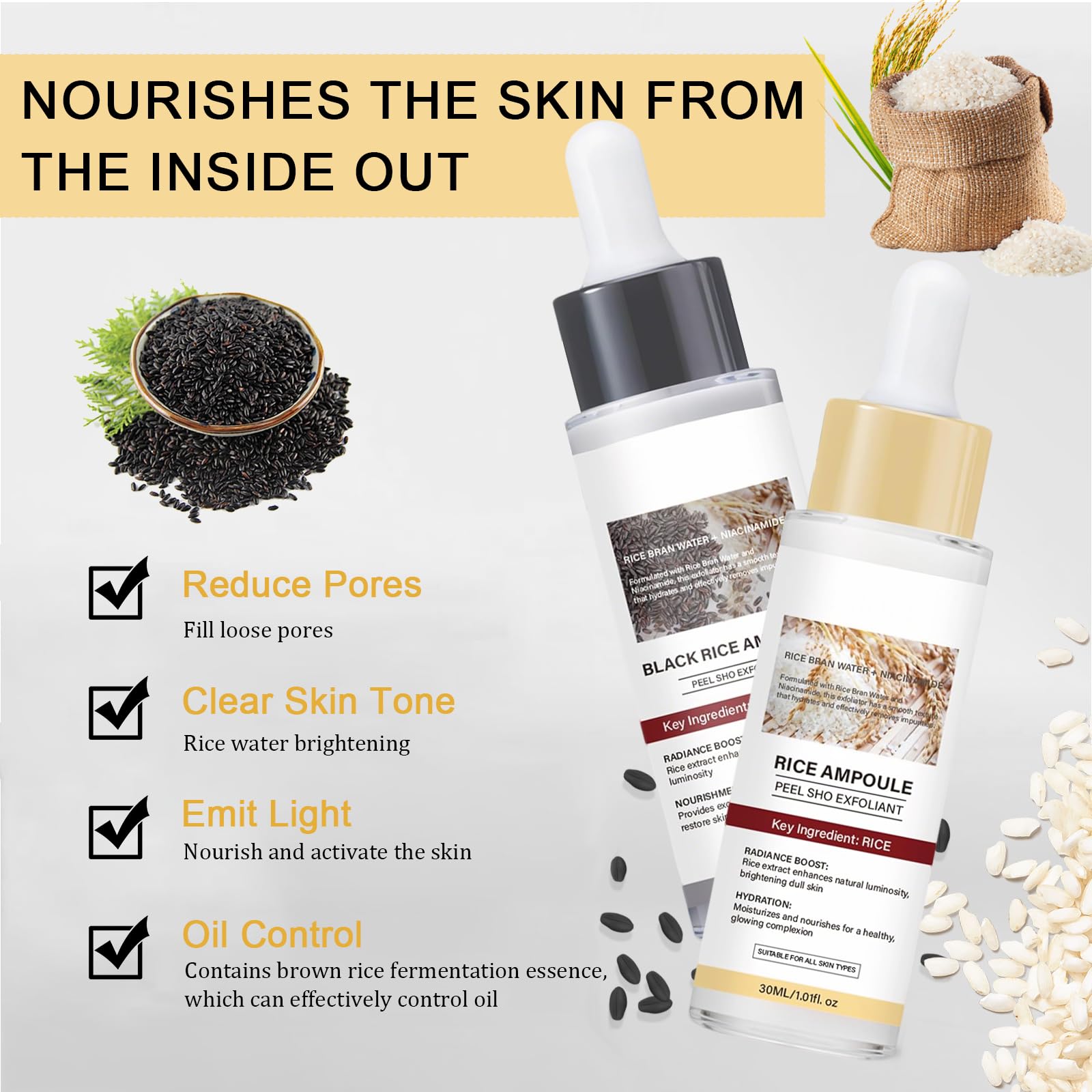 Peel Shot Glow Rice Ampoule Duo, 2PCS Siero Coreano Esfoliante al Riso Bianco & Nero, Delicato Viso Peeling, Rimuove Cellule Morte, Elimina Punti Neri, Pulisce Pori, Idrata Profondo