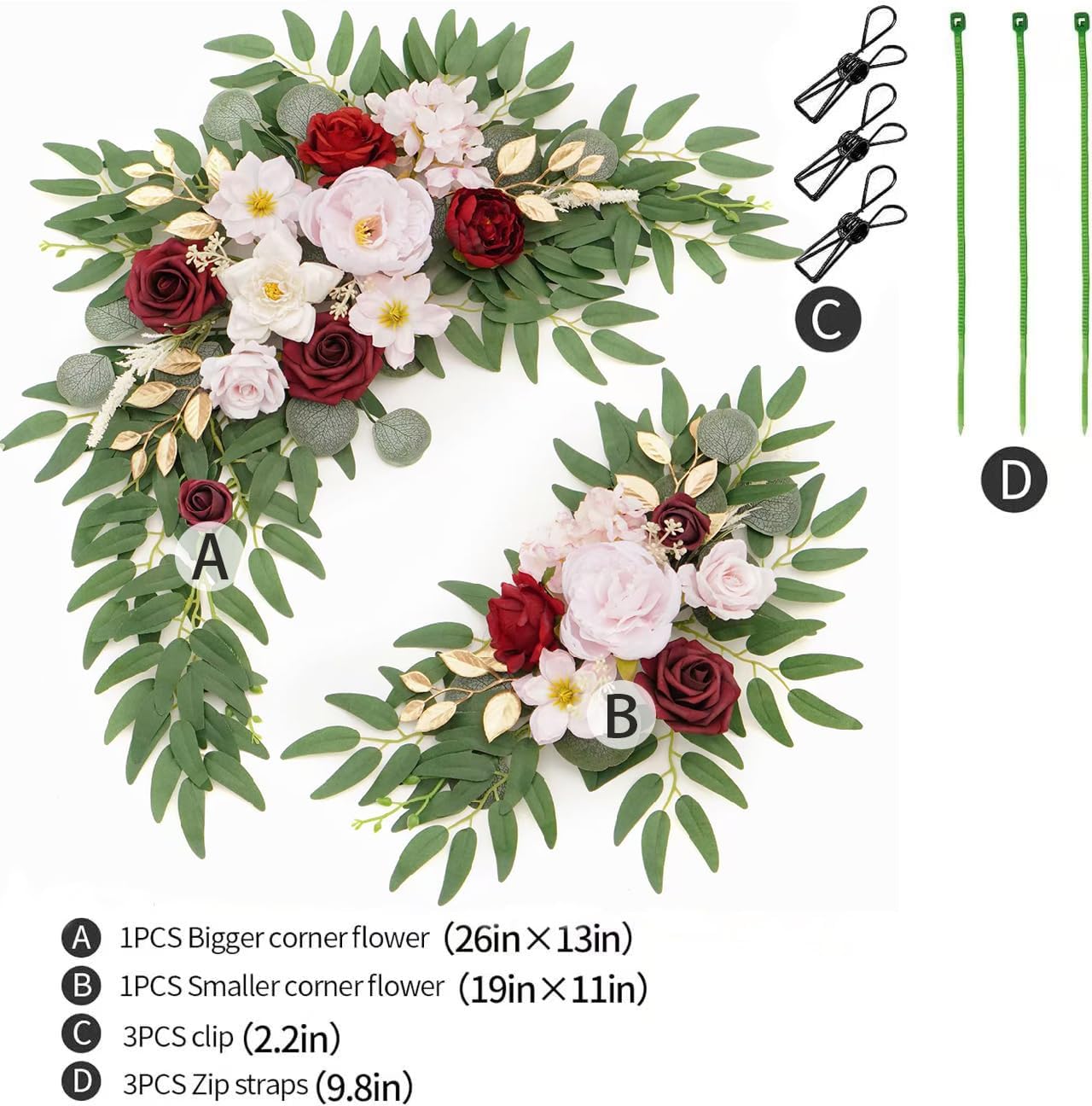 Faux Flower Swag Set of 2 for Wedding Welcome Signs Floral Swag Wedding Reception Ceremony Signs Decor (A-Burgundy Pink) image 4