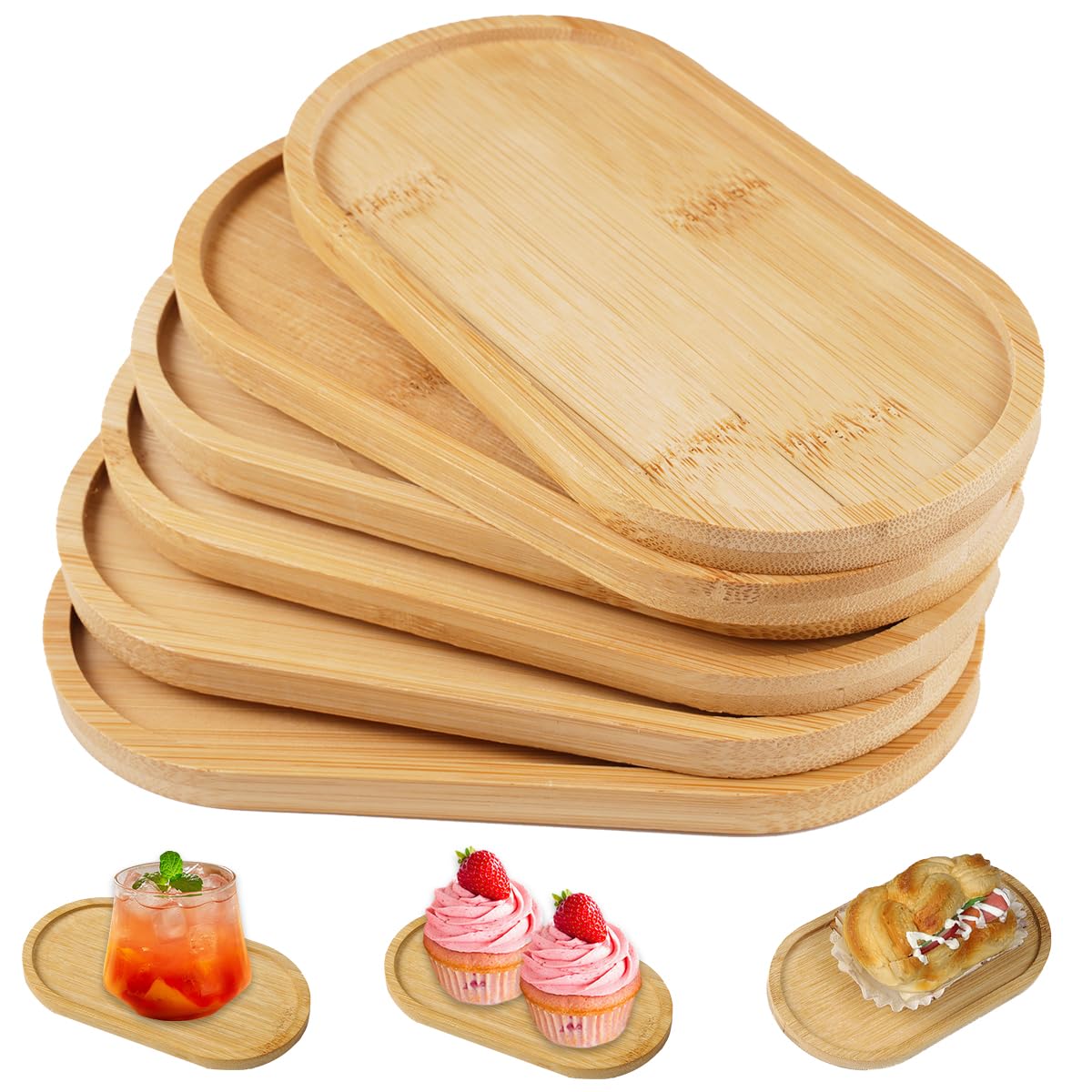 Lot 6 Mini Plateaux Bois Bambou Ovale 17,4 X 8,8 X 1 Cm - Service Café Snack Bijoux