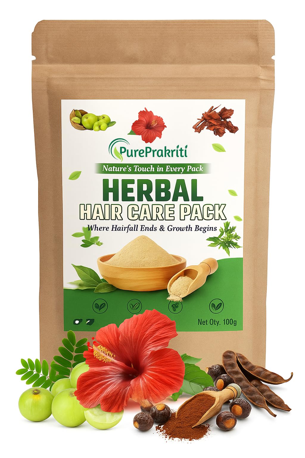 PurePrakriti Natural Herbal Hair Care Pack | Amla, Reetha, Shikakai, Methi Dana & Bhringraj | 100% Organic Hair Powder | Hair Fall Control, Dandruff Care, Growth & Shine | 100g + Free Gloves