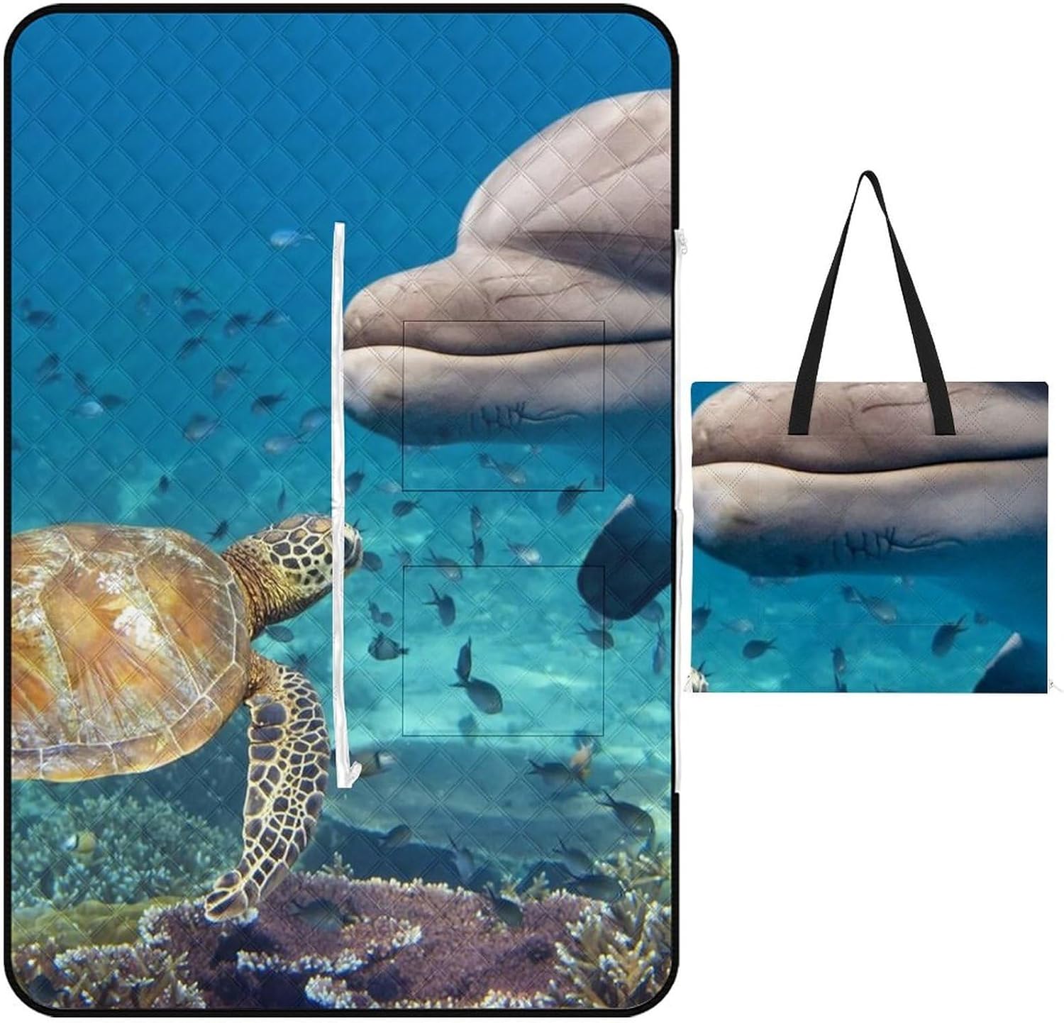 Sea Turtle Dolphin and Fish Picnic Blanket 200x200cm, Foldable 2-in-1 Picnic Mat and Tote Bag Portable Waterproof Beach Mat Sandproof Outdoor Blanket for Park, Hiking, Beach, Camping, Travel