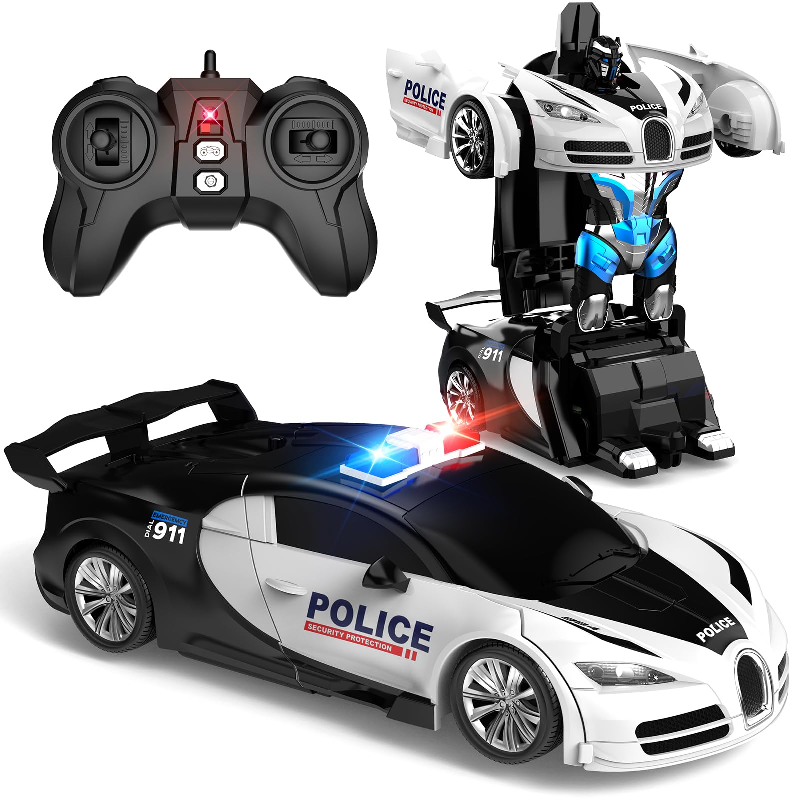 Remote Control Transforming Car, One-Click Becoming Robot Remote Control Car for Boys, Demo Mode, 360° Rotation, Easy to Use, 2.4GHZ, with LED Lights, RC Cars for Christmas Day, Kids, White