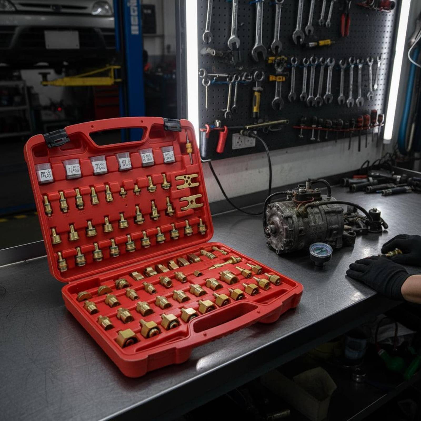 Harilla Rilevatore Perdite Kit Strumento Condizionatore Test Adattatore Sigillante Ottone Box Portatile Adatto per Officina Tecnici Individuazione Perdite Manutenzione