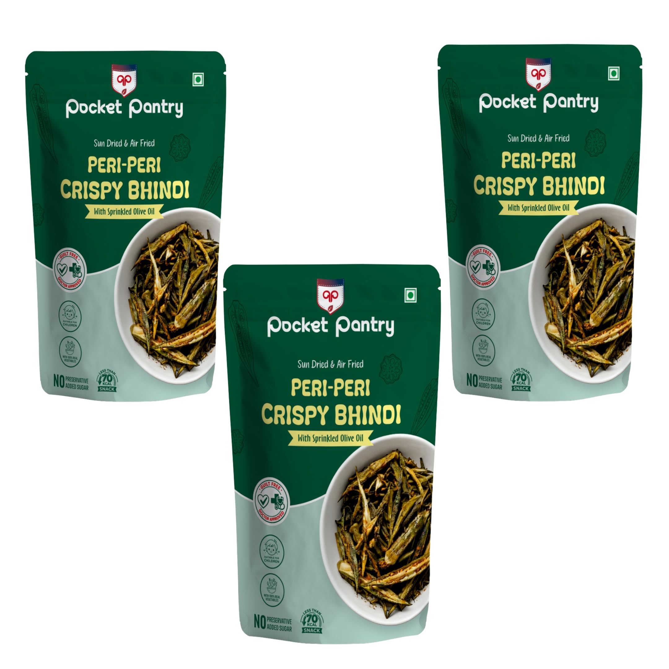 Pocket Pantry Peri Peri Crispy Bhindi (Pack of 3) Air Fried Vegetable Chips 100% real Veggies| Sundried, with Sprinkle Olive Oil used | Guilt Free Snack | Low Fat, High Fiber-image-47