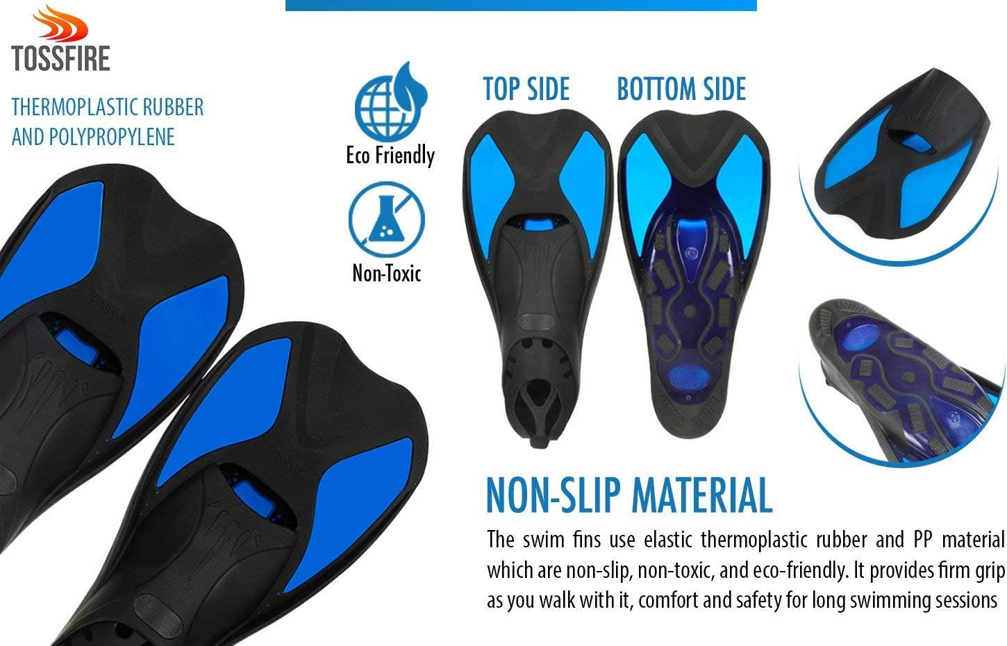 Comfecto Flippers Fins Short Floating Training Swimming Fins Adults for Size M Ankle Width 2.9 Inch Thermoplastic Rubber Travel Fins for Diving Swimming Scuba Snorkeling and Watersports, Blue : Sports & Outdoors