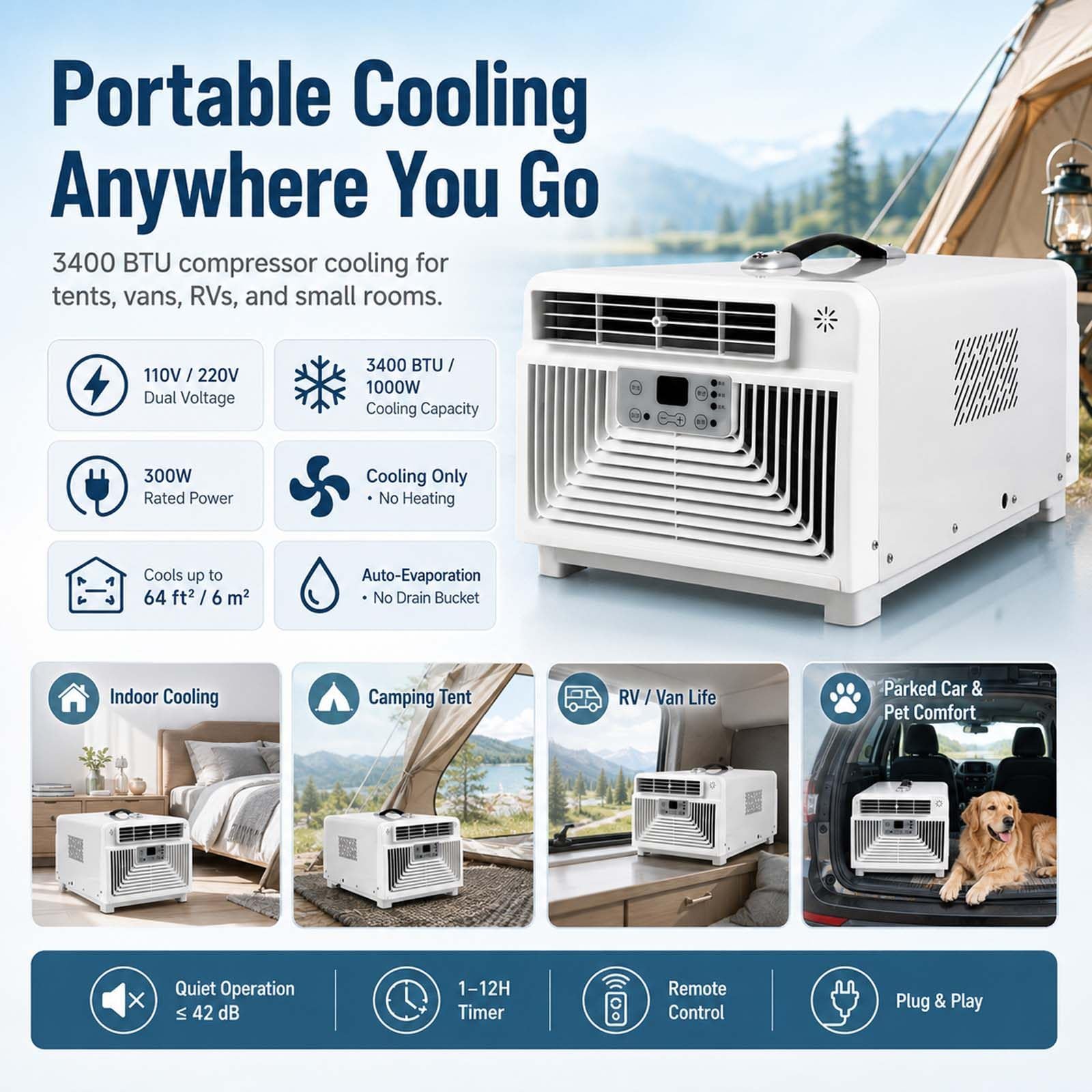 Aire Acondicionado Portátil, Cobertura de 6 M²; Solo Refrigeración 220V