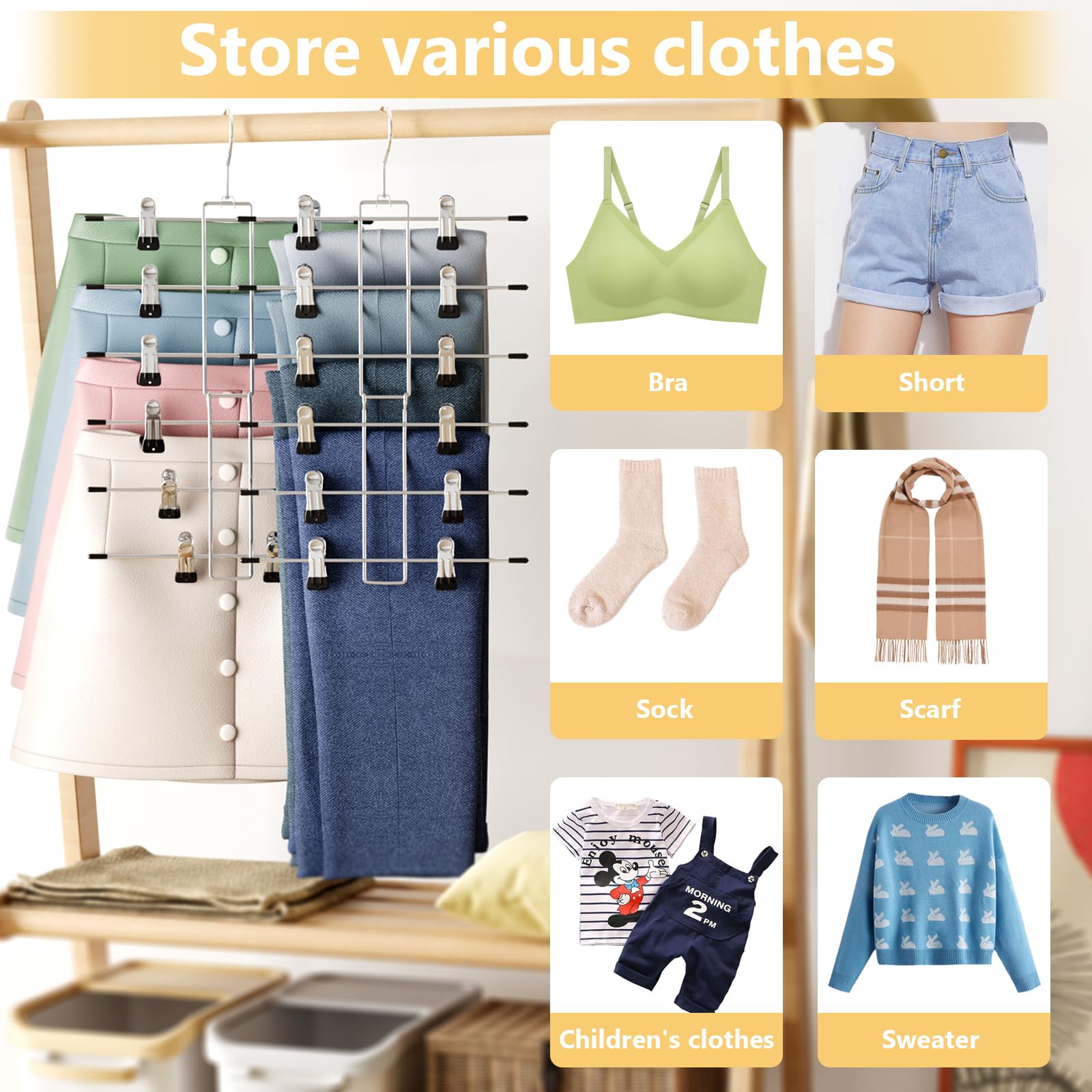 Organizadores y almacenamiento de armario, 6 niveles, perchas para faldas y pantalones, ahorro de espacio, organización y almacenamiento duradero para perchas de ropa, perchas para faldas con clips,