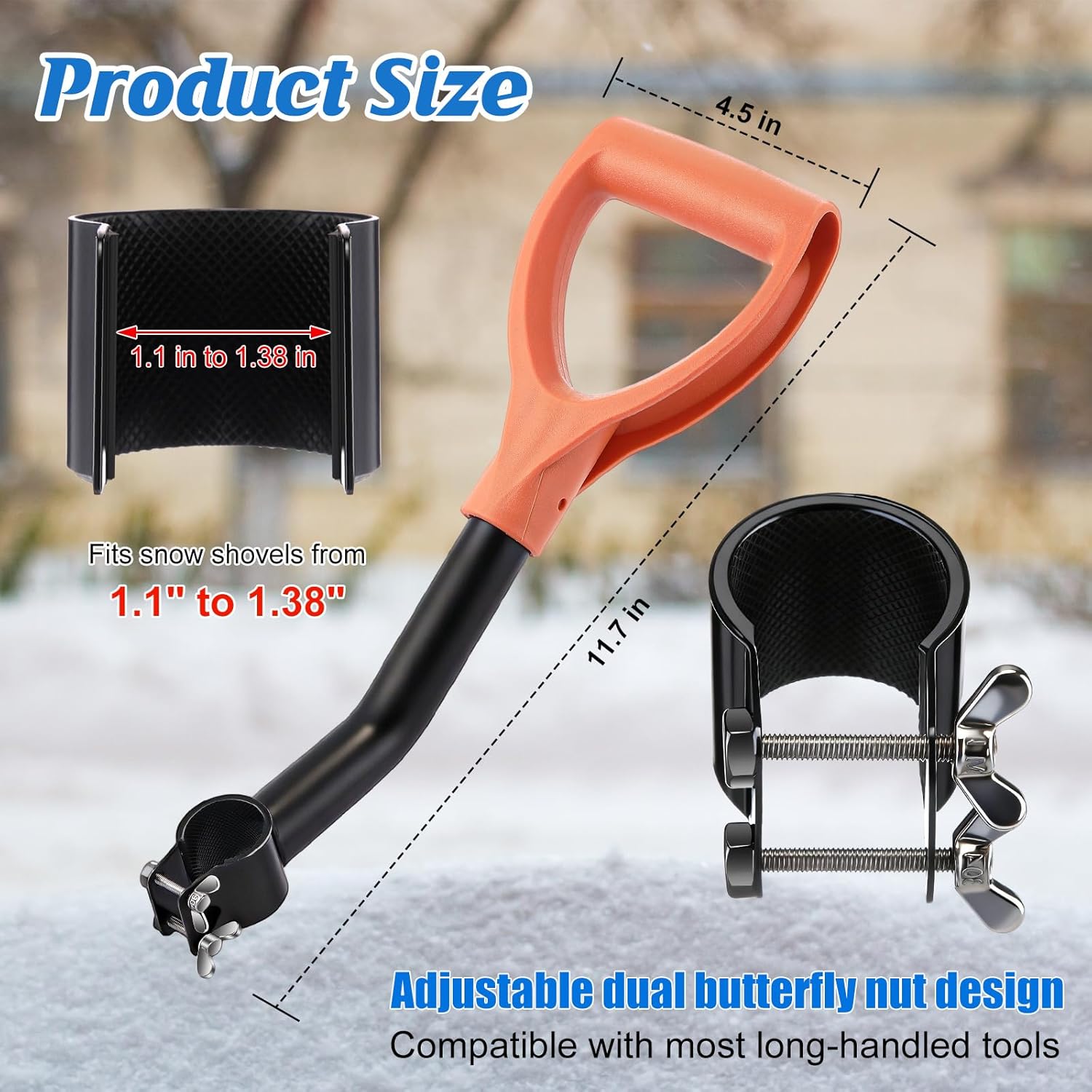 1 Pack Adjustable Snow Shovel Handle, 11.7 Ergonomic Shovel Handle Extension Reduces Bending, Durable Attachment with Anti-Slip Grip for Winter Snow Removal,Weed Eater, Lawn Trimmer